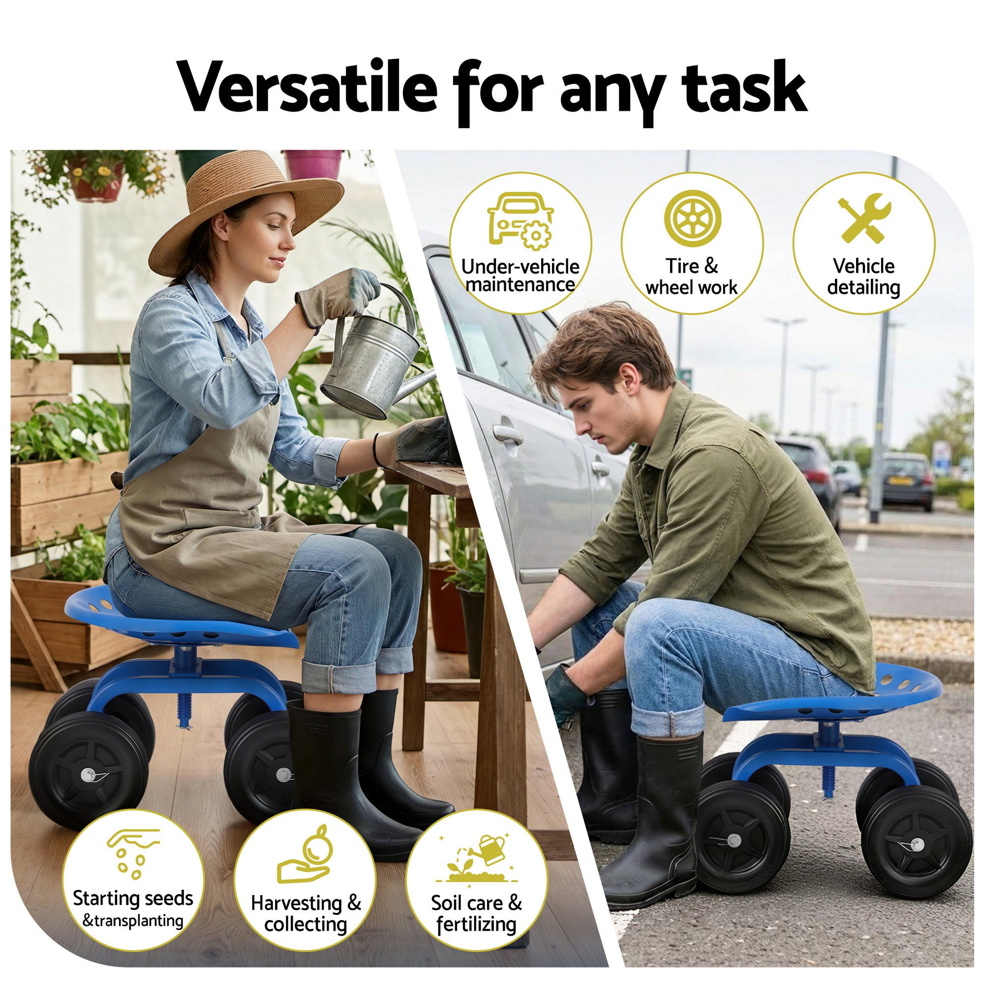 Gardeon Garden Seat 360 Swivel Rolling Adjustable Height Work Scooter Cart Wheels Heavy Duty 150kg