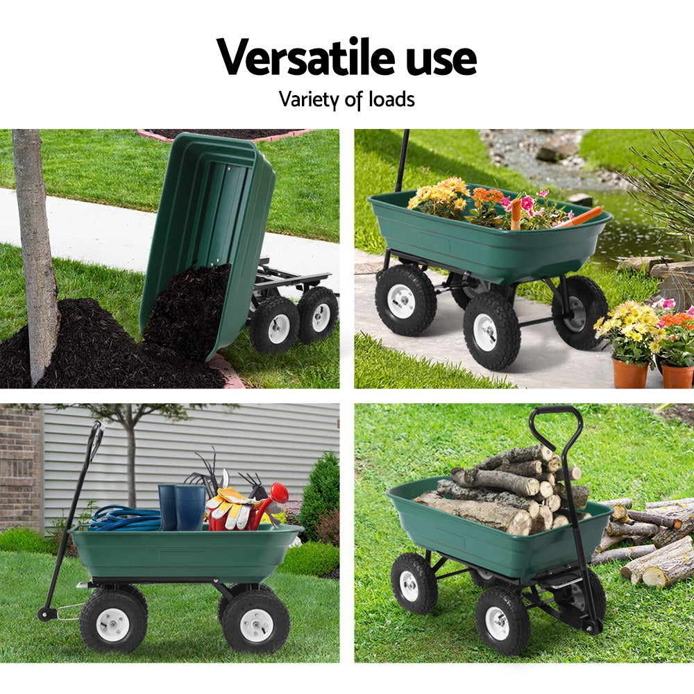 Gardeon 75L Garden Dump Cart 270kg Green Wheelbarrow Trailer