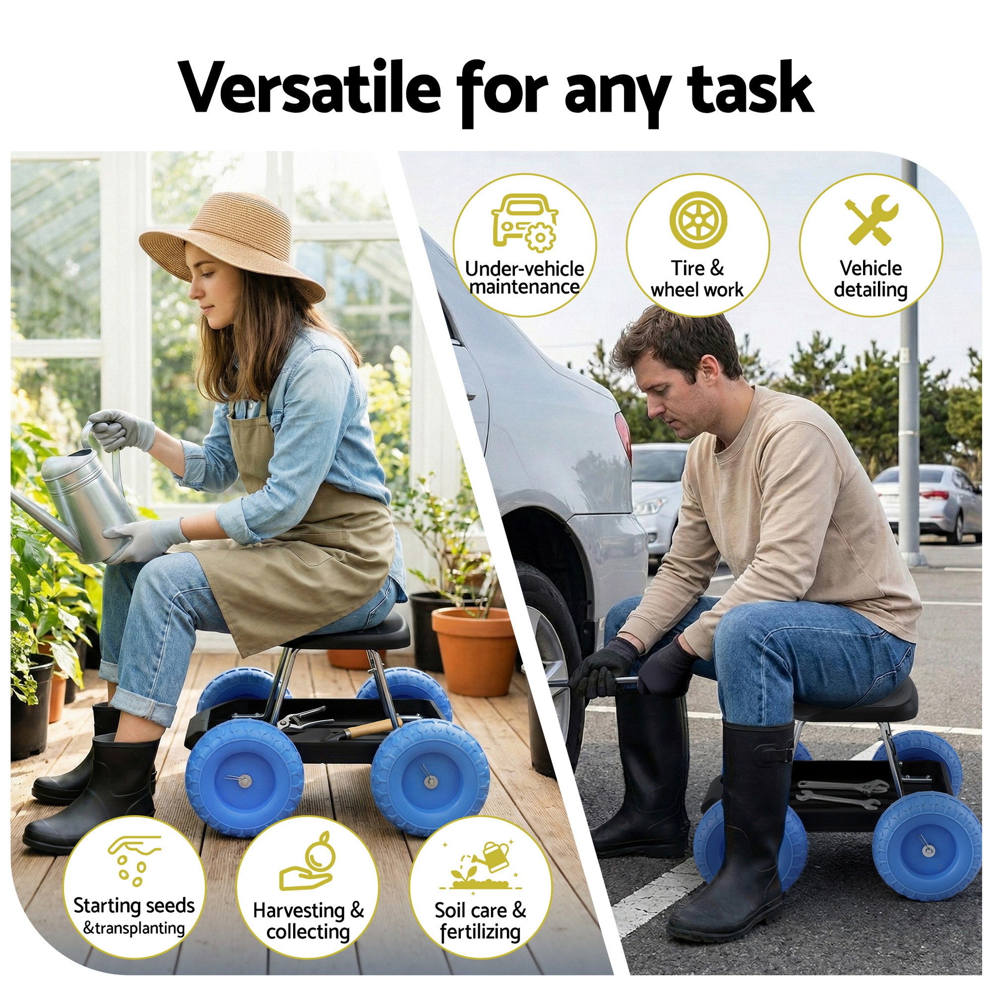 Gardeon Garden Cart Seat with Wheels, Rolling Work Stool with Tool Storage Tray, 440lbs 200kg Heavy Duty Capacity Garden Stool for Outdoor Yard Work, Car Detailing, and Garage Maintenance, Blue/Black