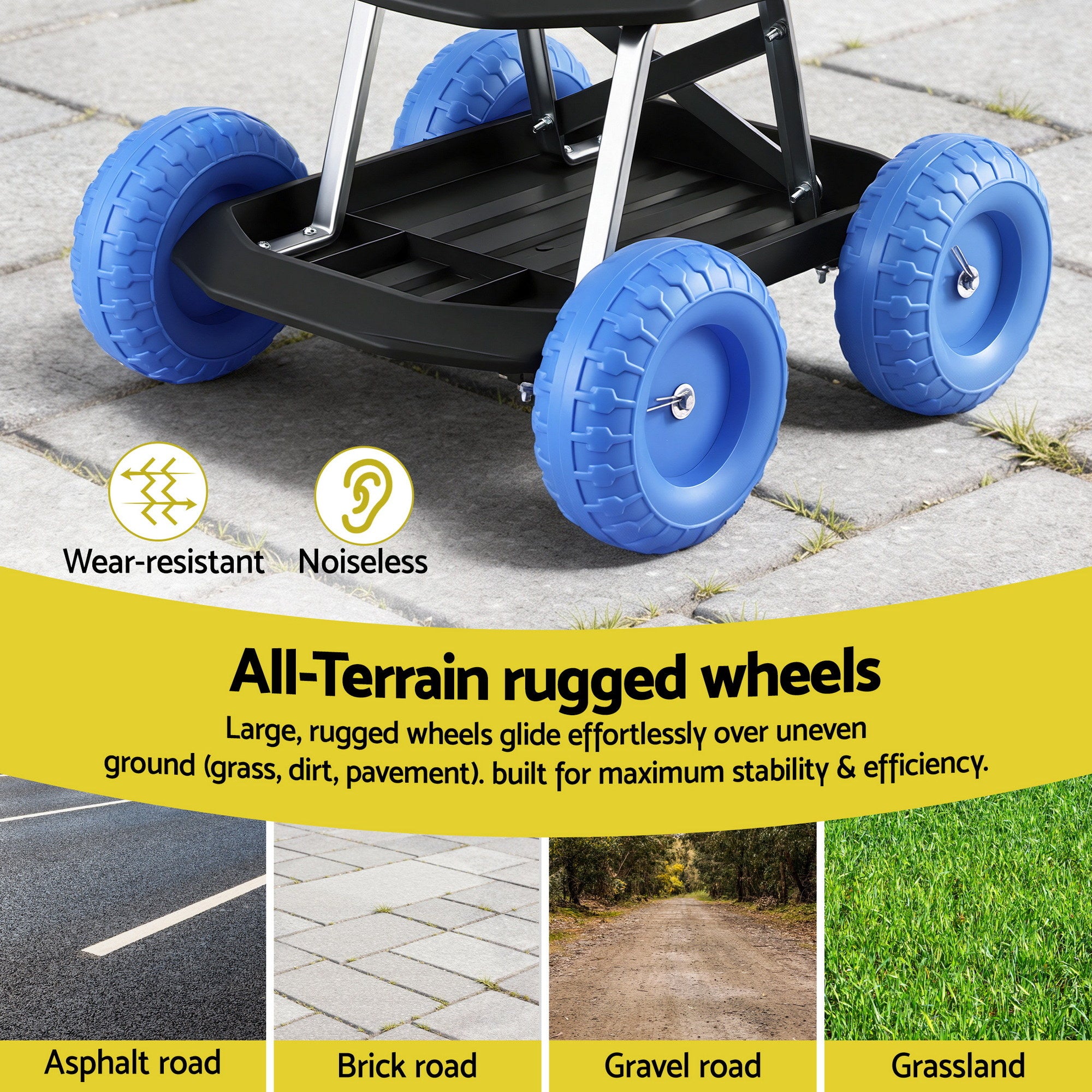 Gardeon Garden Cart Seat with Wheels, Rolling Work Stool with Tool Storage Tray, 440lbs 200kg Heavy Duty Capacity Garden Stool for Outdoor Yard Work, Car Detailing, and Garage Maintenance, Blue/Black