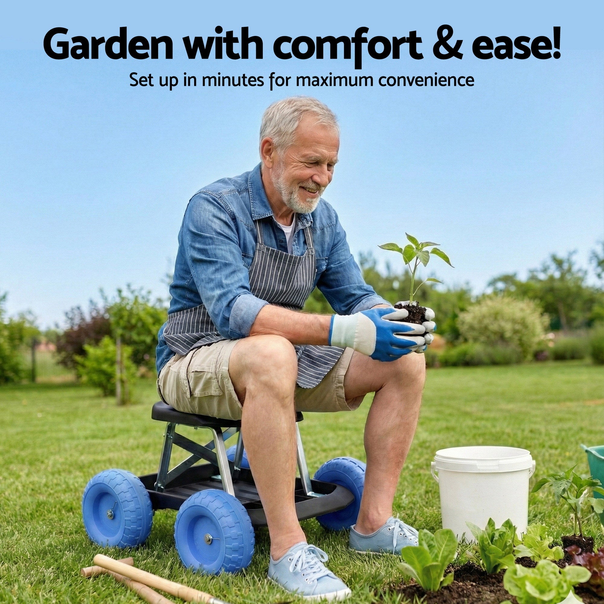 Gardeon Garden Cart Seat with Wheels, Rolling Work Stool with Tool Storage Tray, 440lbs 200kg Heavy Duty Capacity Garden Stool for Outdoor Yard Work, Car Detailing, and Garage Maintenance, Blue/Black