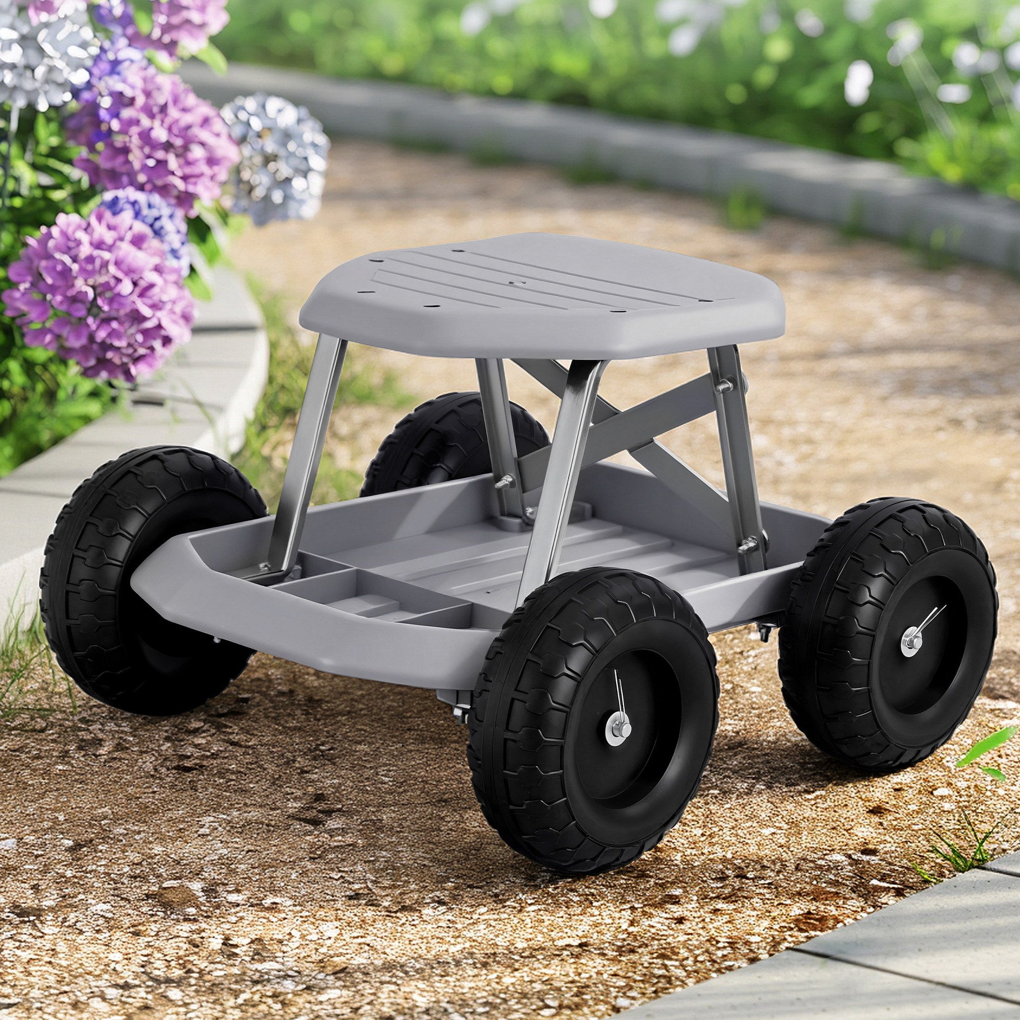 Gardeon Garden Cart Seat with Wheels, Rolling Work Stool with Tool Storage Tray, 440lbs 200kg Heavy Duty Capacity Garden Stool for Outdoor Yard Work, Car Detailing, and Garage Maintenance, Grey/Black