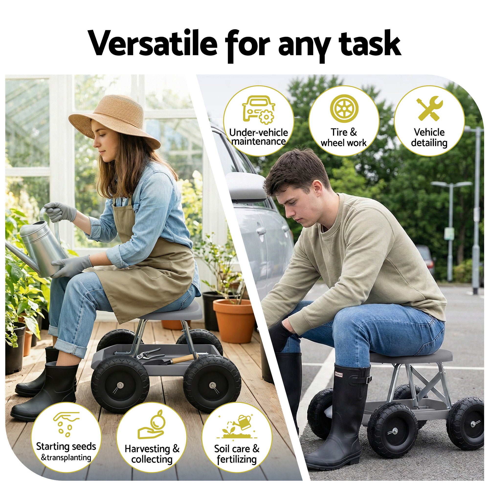 Gardeon Garden Cart Seat with Wheels, Rolling Work Stool with Tool Storage Tray, 440lbs 200kg Heavy Duty Capacity Garden Stool for Outdoor Yard Work, Car Detailing, and Garage Maintenance, Grey/Black