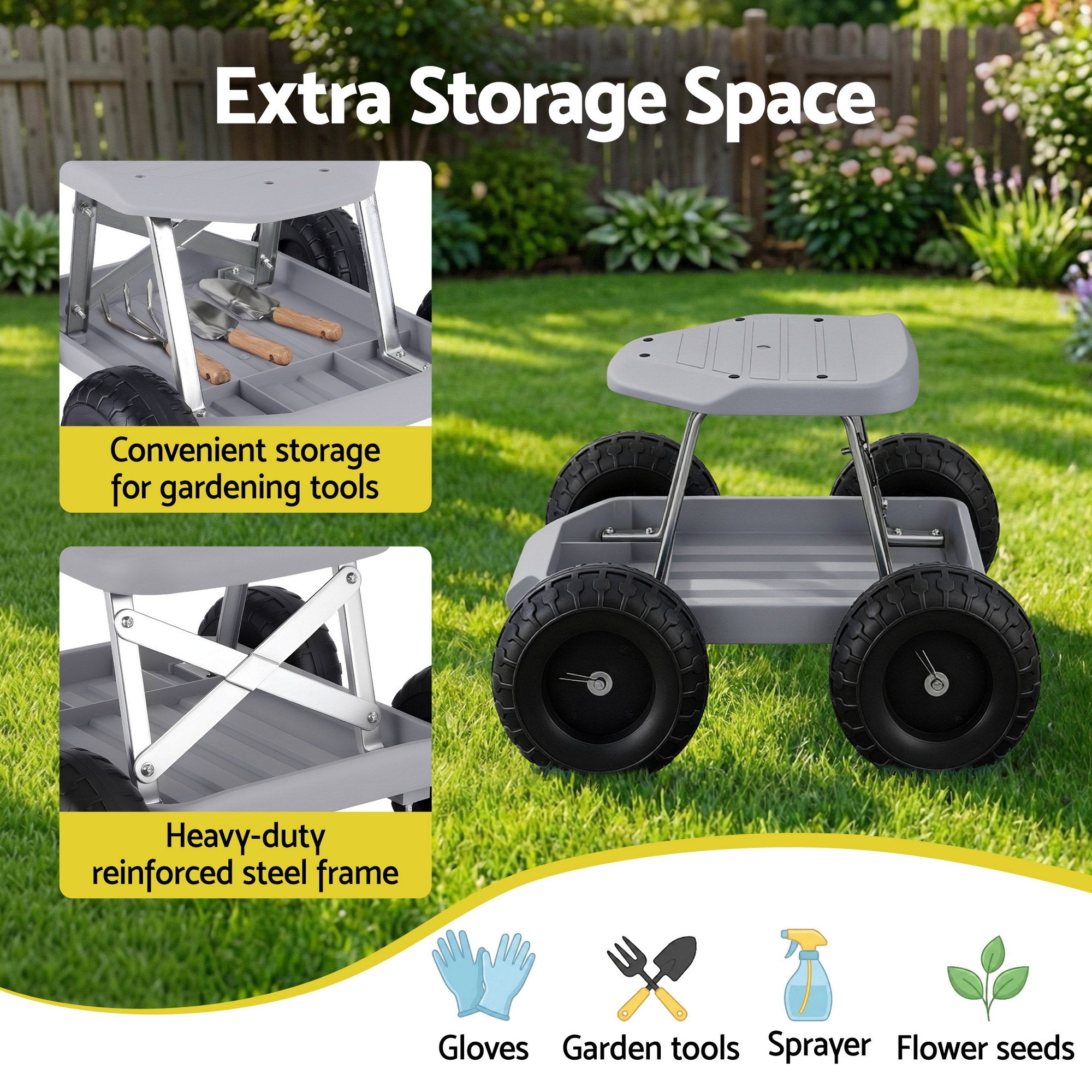 Gardeon Garden Cart Seat with Wheels, Rolling Work Stool with Tool Storage Tray, 440lbs 200kg Heavy Duty Capacity Garden Stool for Outdoor Yard Work, Car Detailing, and Garage Maintenance, Grey/Black