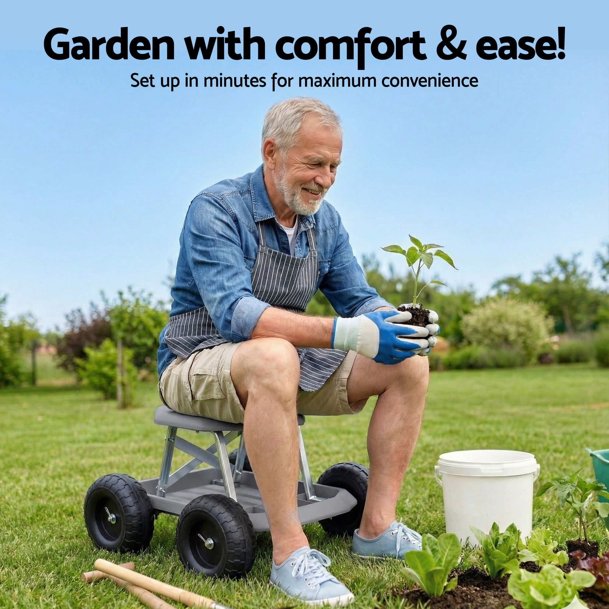 Gardeon Garden Cart Seat with Wheels, Rolling Work Stool with Tool Storage Tray, 440lbs 200kg Heavy Duty Capacity Garden Stool for Outdoor Yard Work, Car Detailing, and Garage Maintenance, Grey/Black