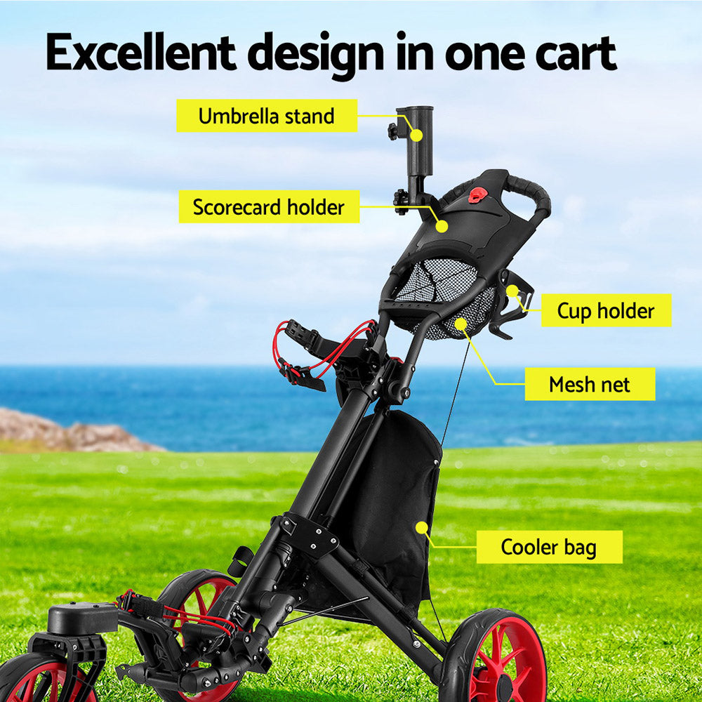 Everfit Golf Buggy Foldable Trolley Golf Cart Swivel Wheel Umbrella Bottle Stand