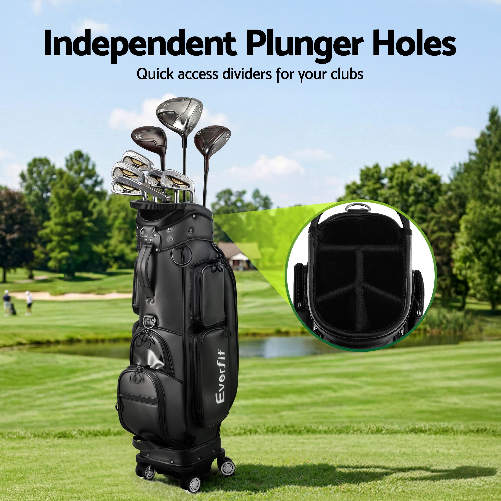 Everfit Golf Cart Bag Rolling Buggy Club Organiser Synthetic Leather Black