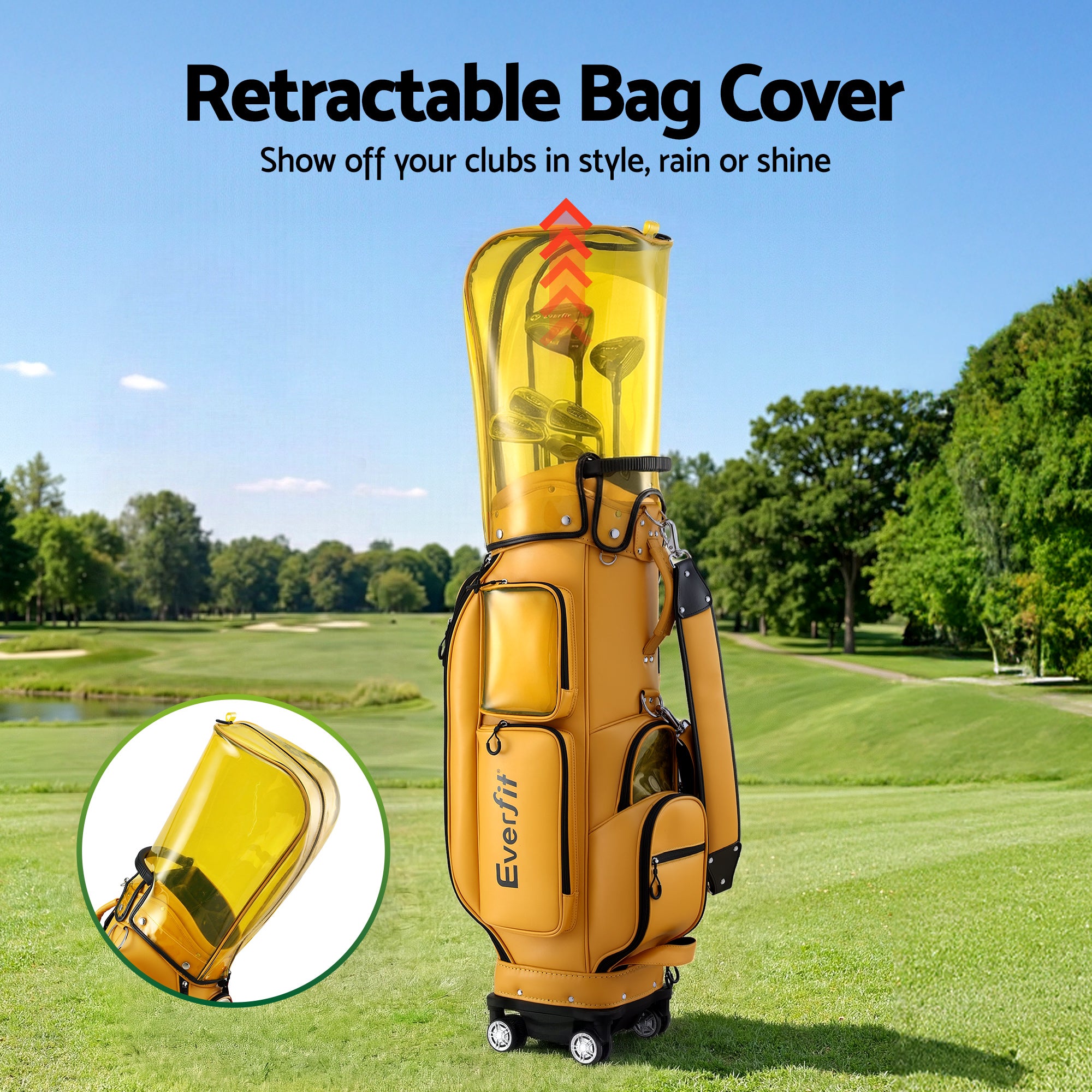 Everfit Golf Cart Bag Rolling Buggy Club Organiser Synthetic Leather Yellow