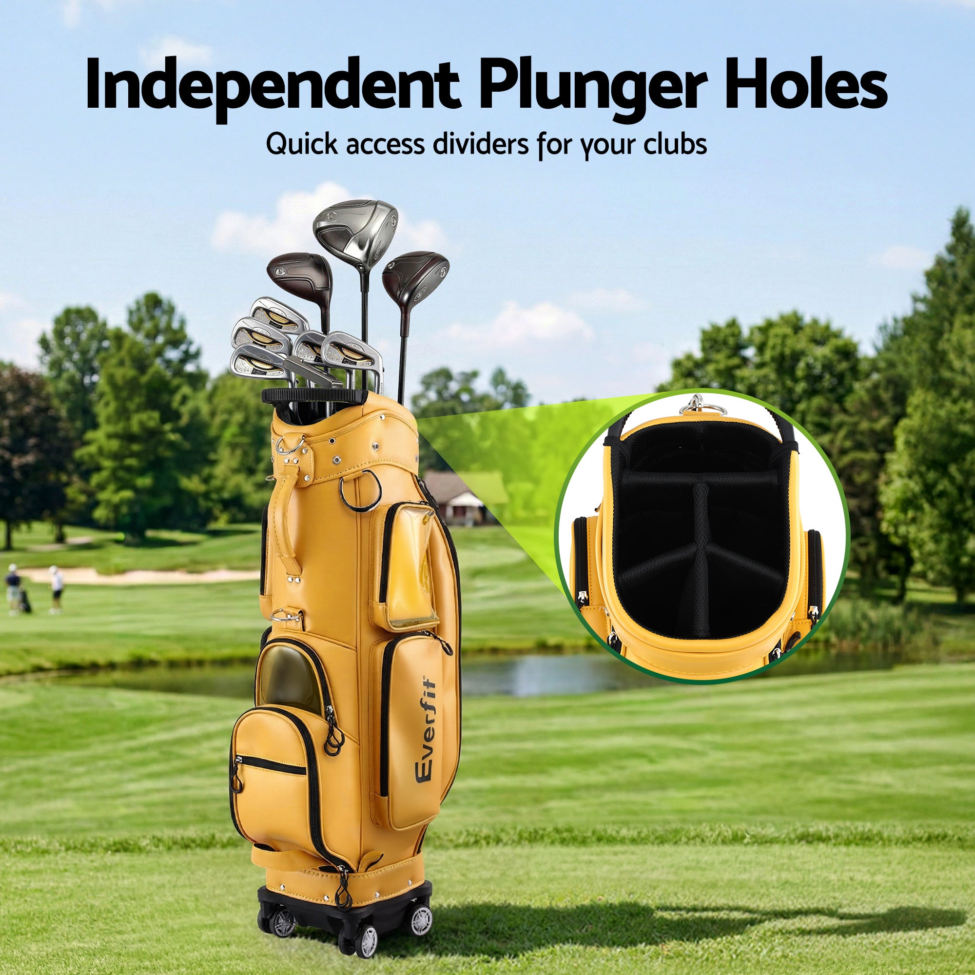 Everfit Golf Cart Bag Rolling Buggy Club Organiser Synthetic Leather Yellow