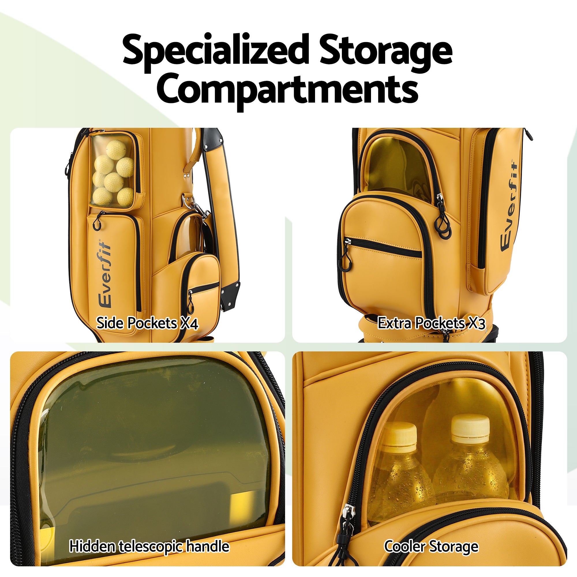 Everfit Golf Cart Bag Rolling Buggy Club Organiser Synthetic Leather Yellow