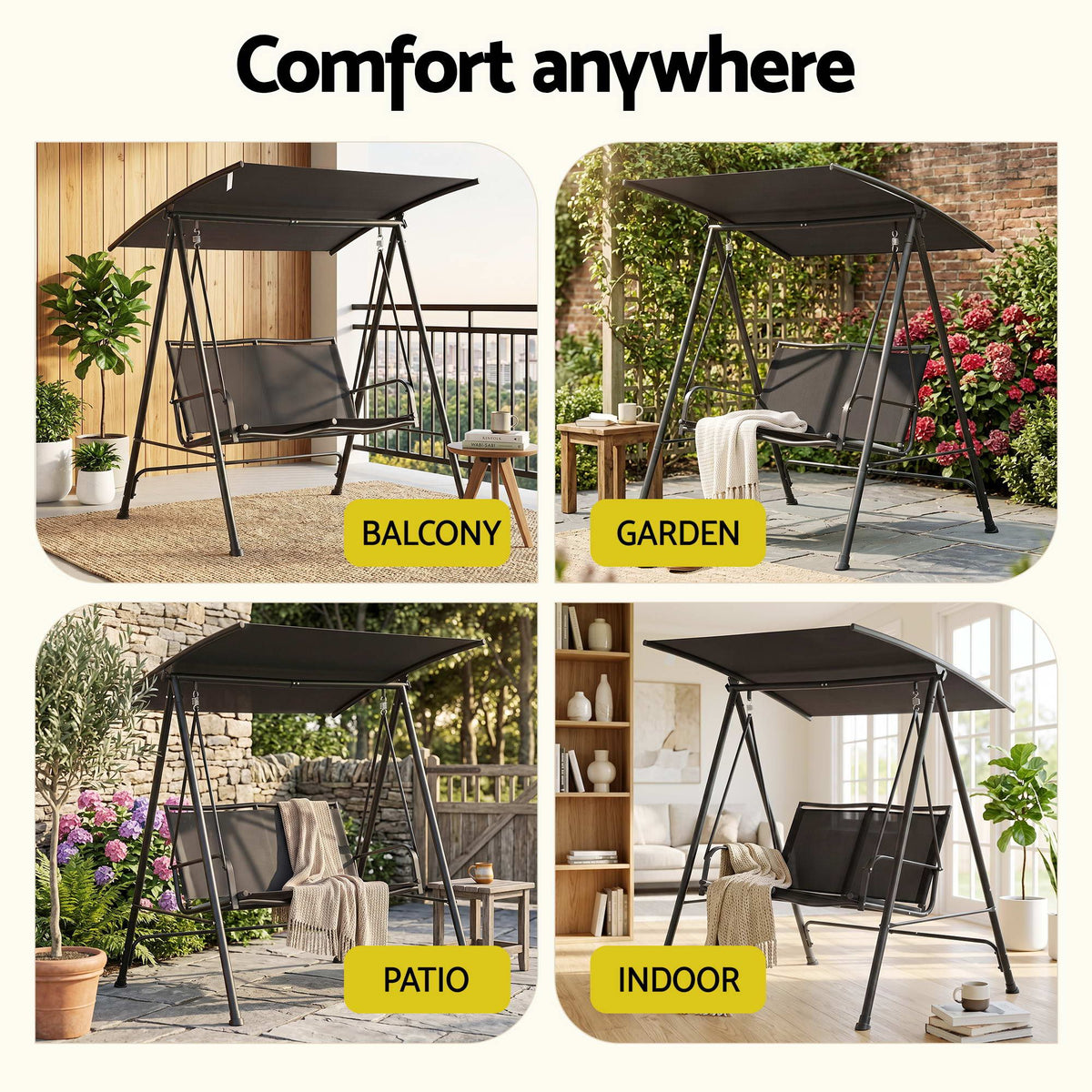 Gardeon Outdoor Swing Chair with Adjustable Canopy 142cmx172cm Stand Black