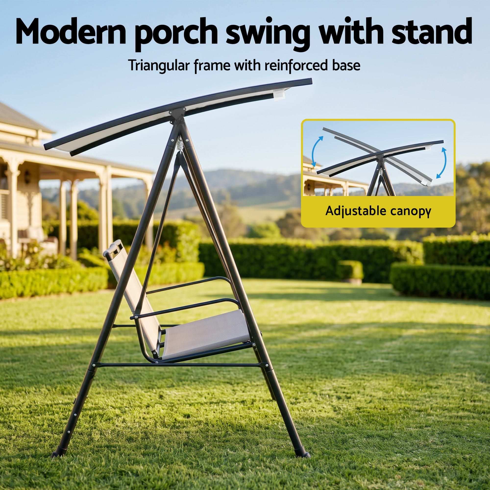 Gardeon Outdoor Swing Chair with Adjustable Canopy 142cmx172cm Stand Grey