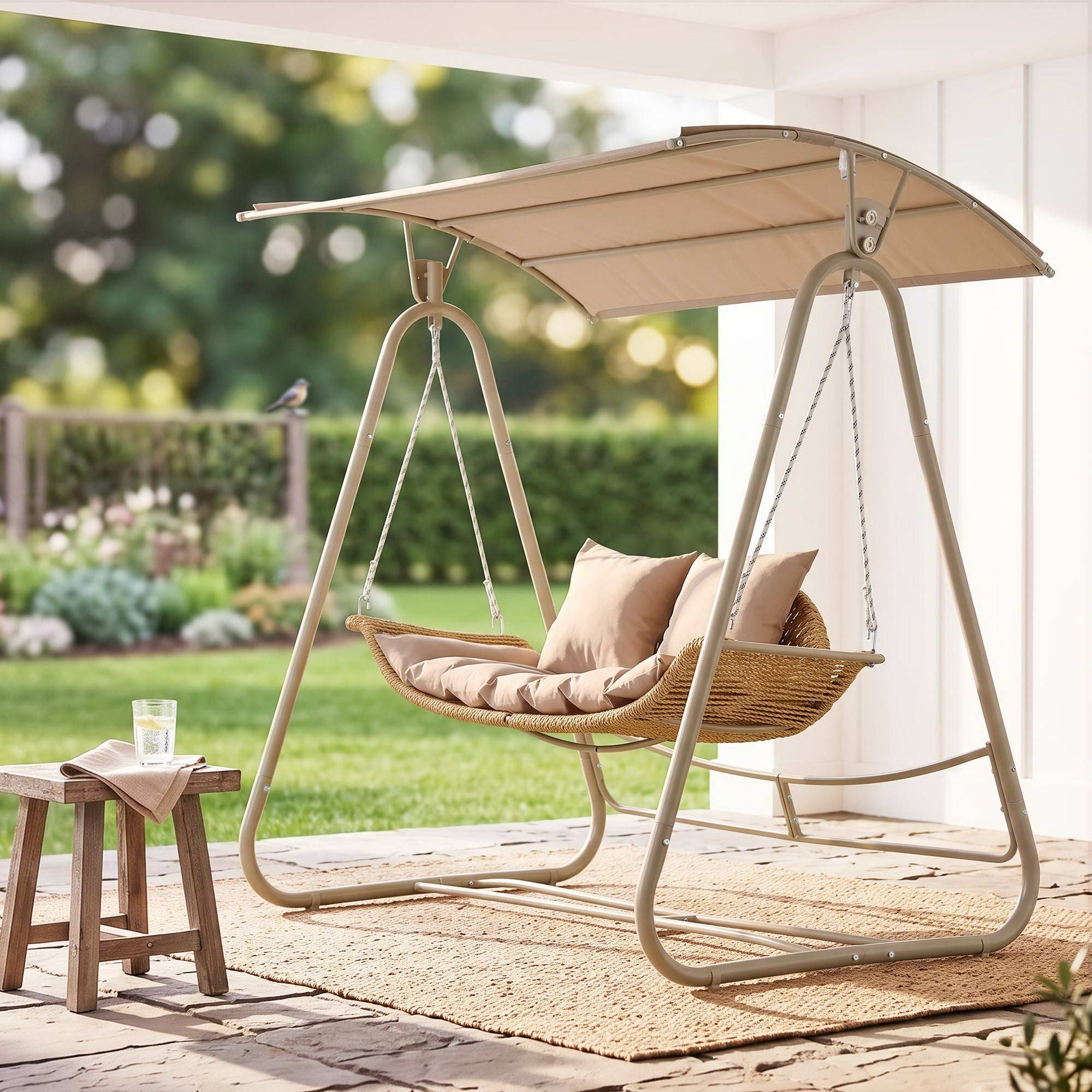 Gardeon Outdoor Swing Chair 2-Seater Rattan Seat with Canopy Beige