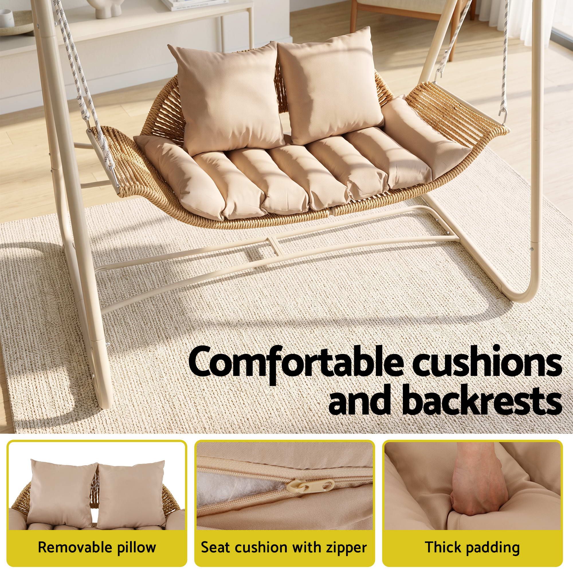 Gardeon Outdoor Swing Chair 2-Seater Rattan Seat with Canopy Beige