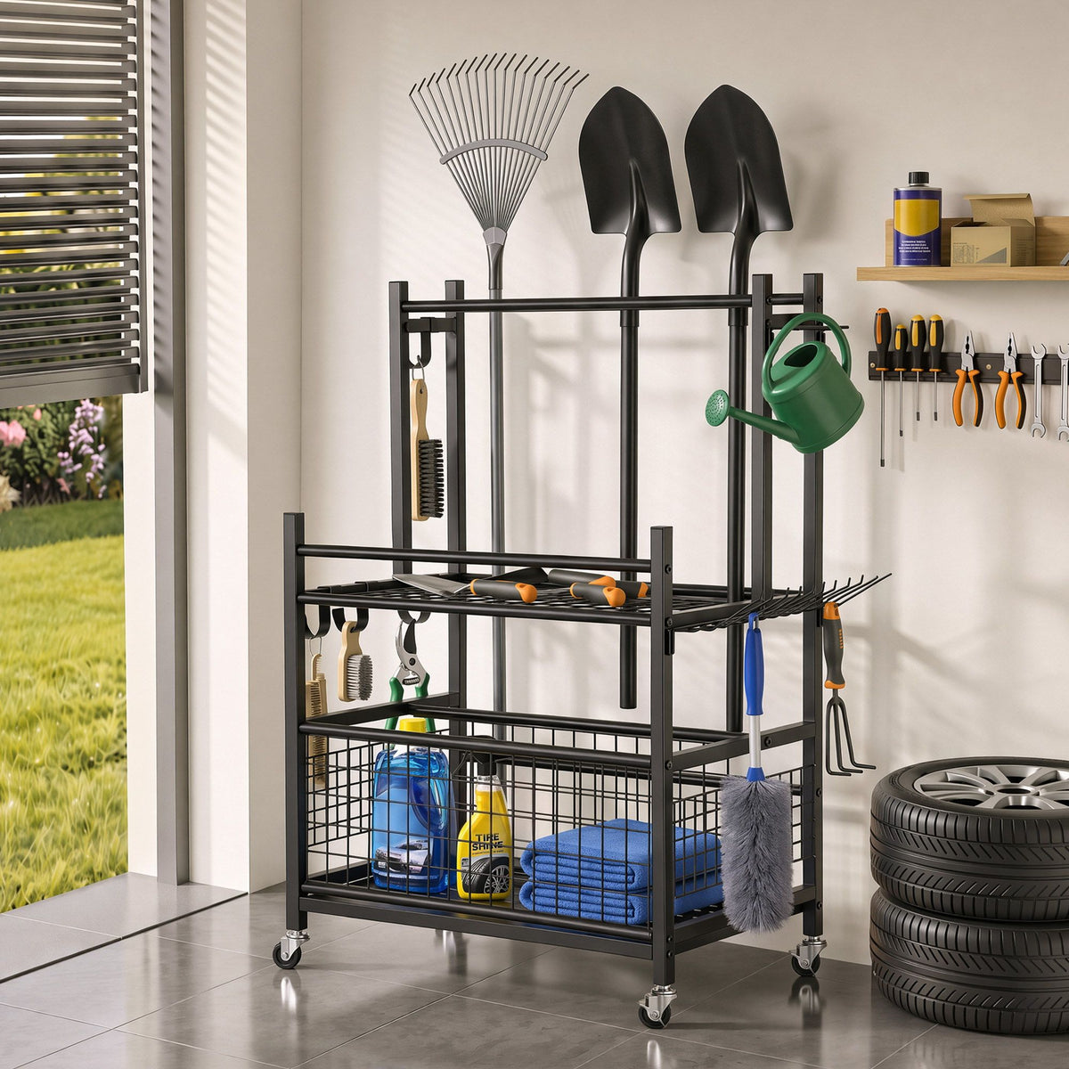 Gardeon Garden Tool Organiser Rack 16 Slots Rolling Black