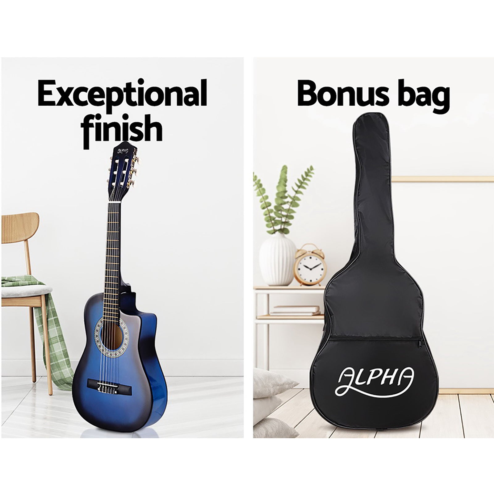 Alpha 34" Classical Guitar Wooden Body Nylon String Blue Beginner Set