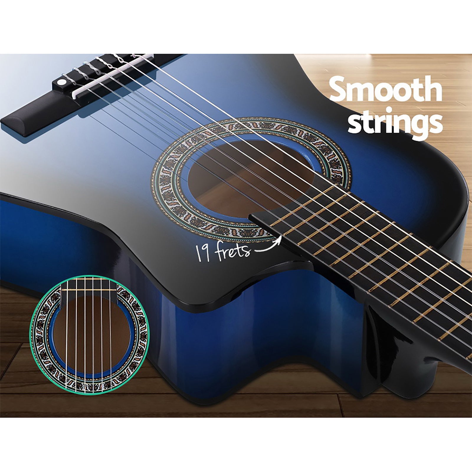 Alpha 34" Classical Guitar Wooden Body Nylon String Blue Beginner Set