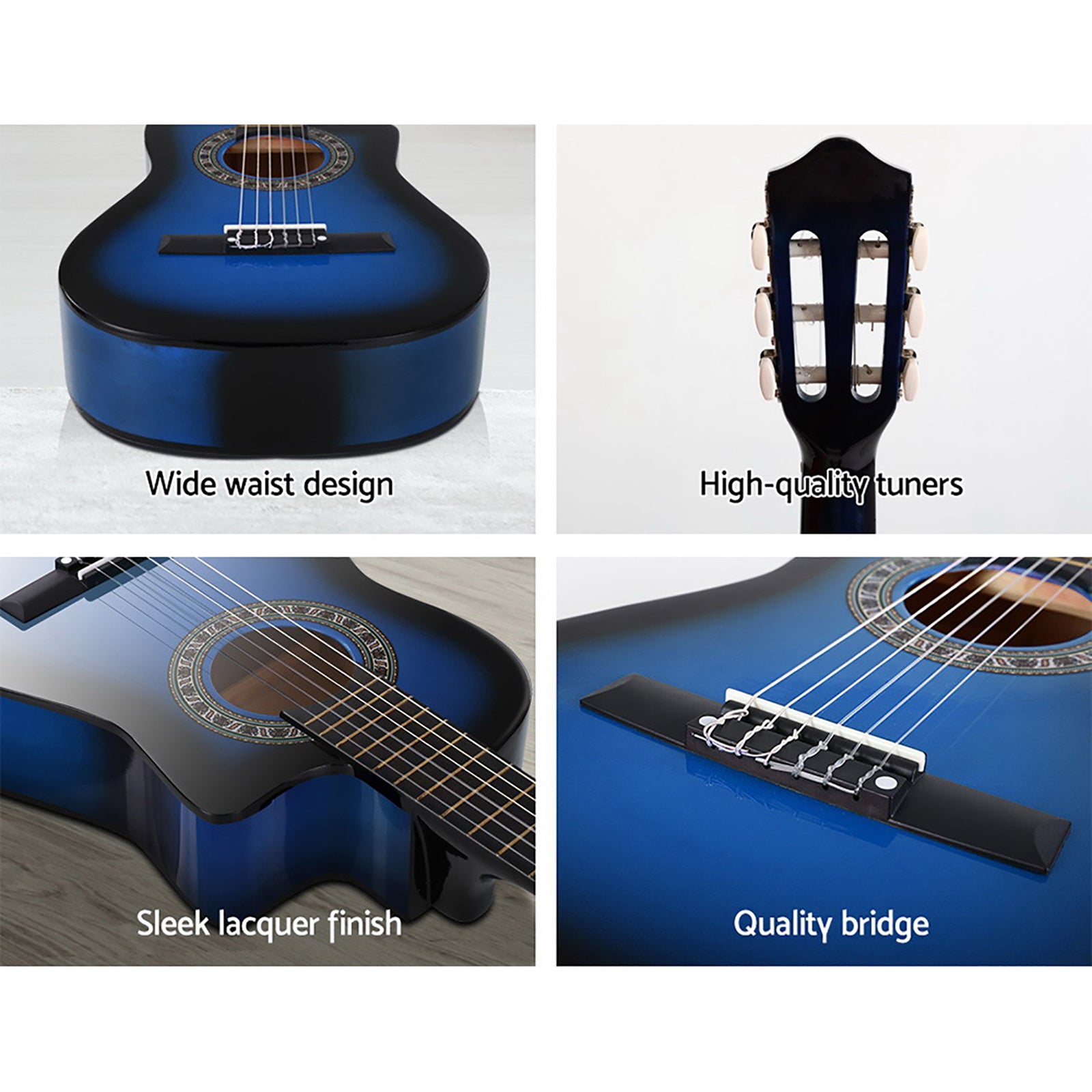 Alpha 34" Classical Guitar Wooden Body Nylon String Blue Beginner Set