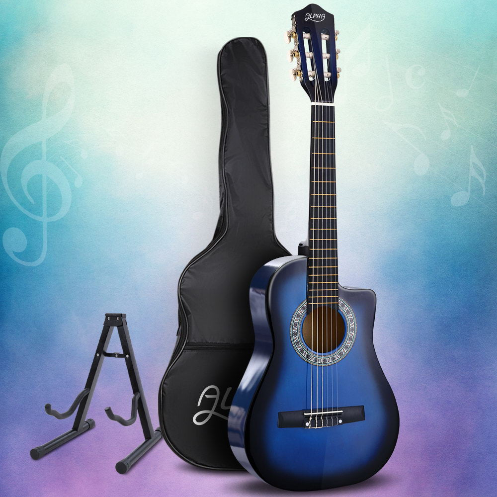 Alpha 34" Classical Guitar Wooden Body Nylon String Blue Beginner Set
