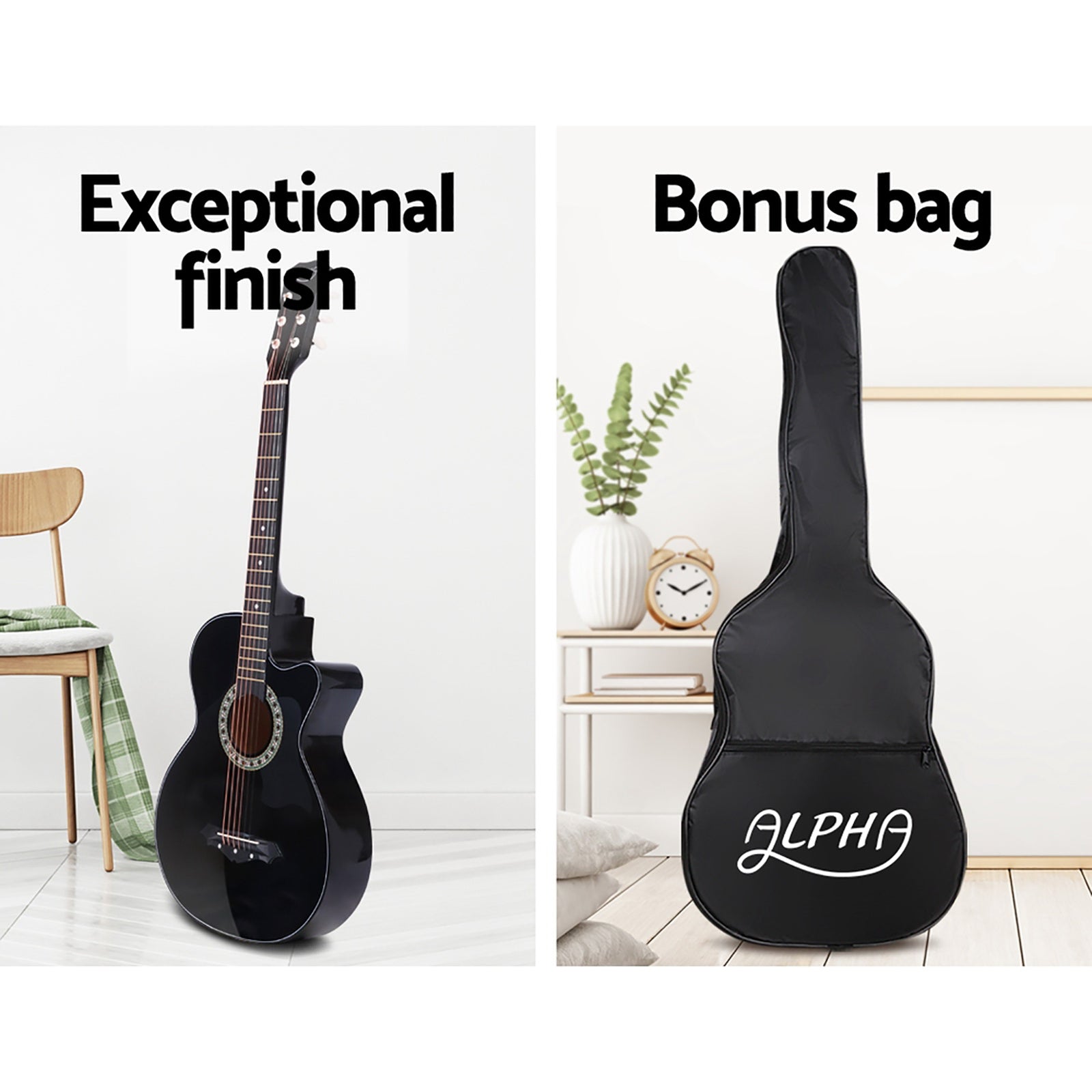 Alpha 38" Acoustic Guitar Steel String Black w/ Stand
