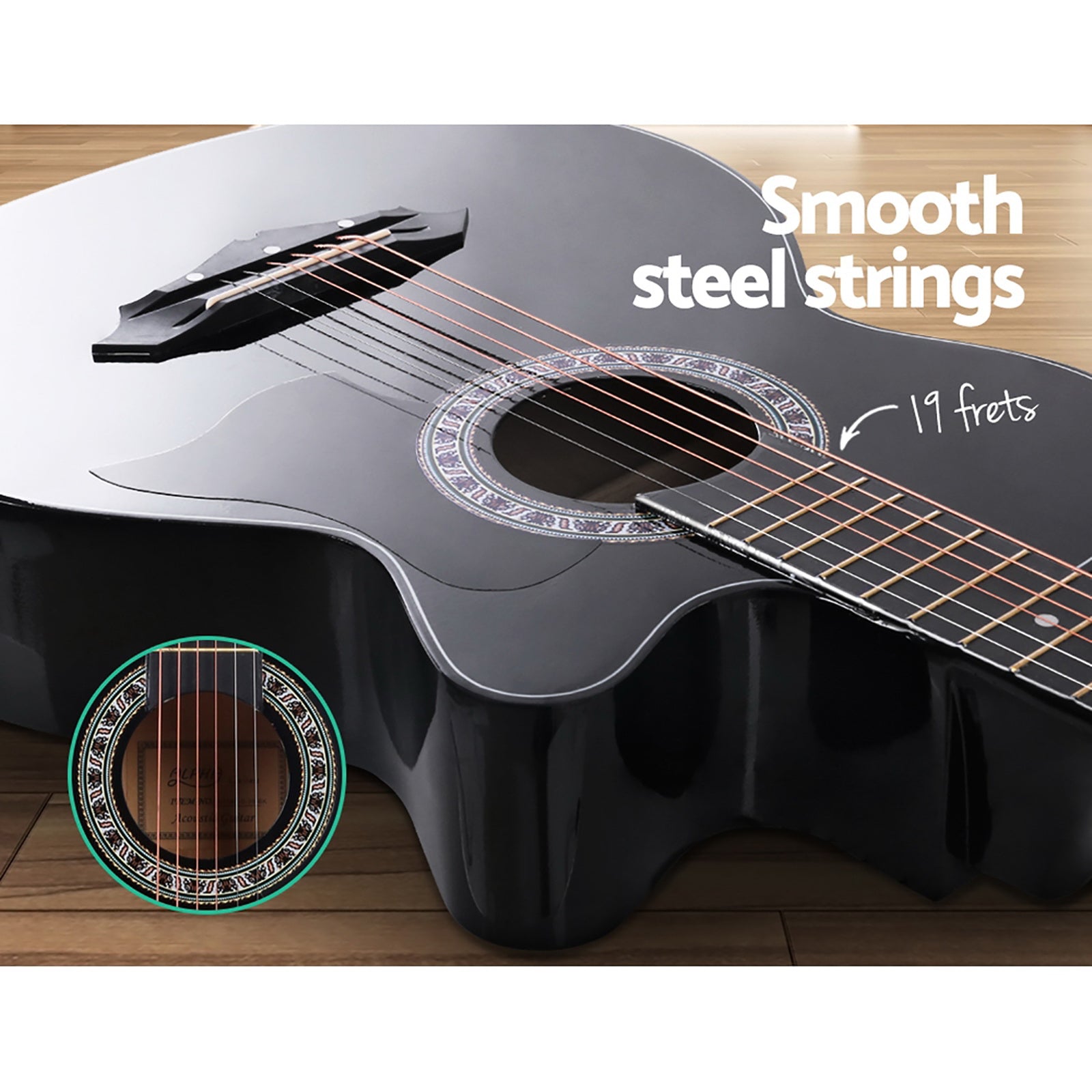 Alpha 38" Acoustic Guitar Steel String Black w/ Stand