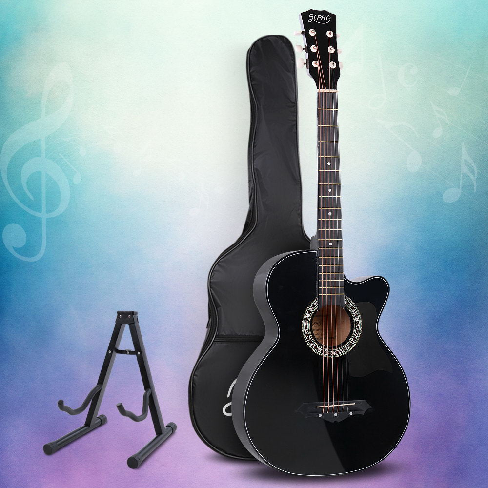 Alpha 38" Acoustic Guitar Steel String Black w/ Stand