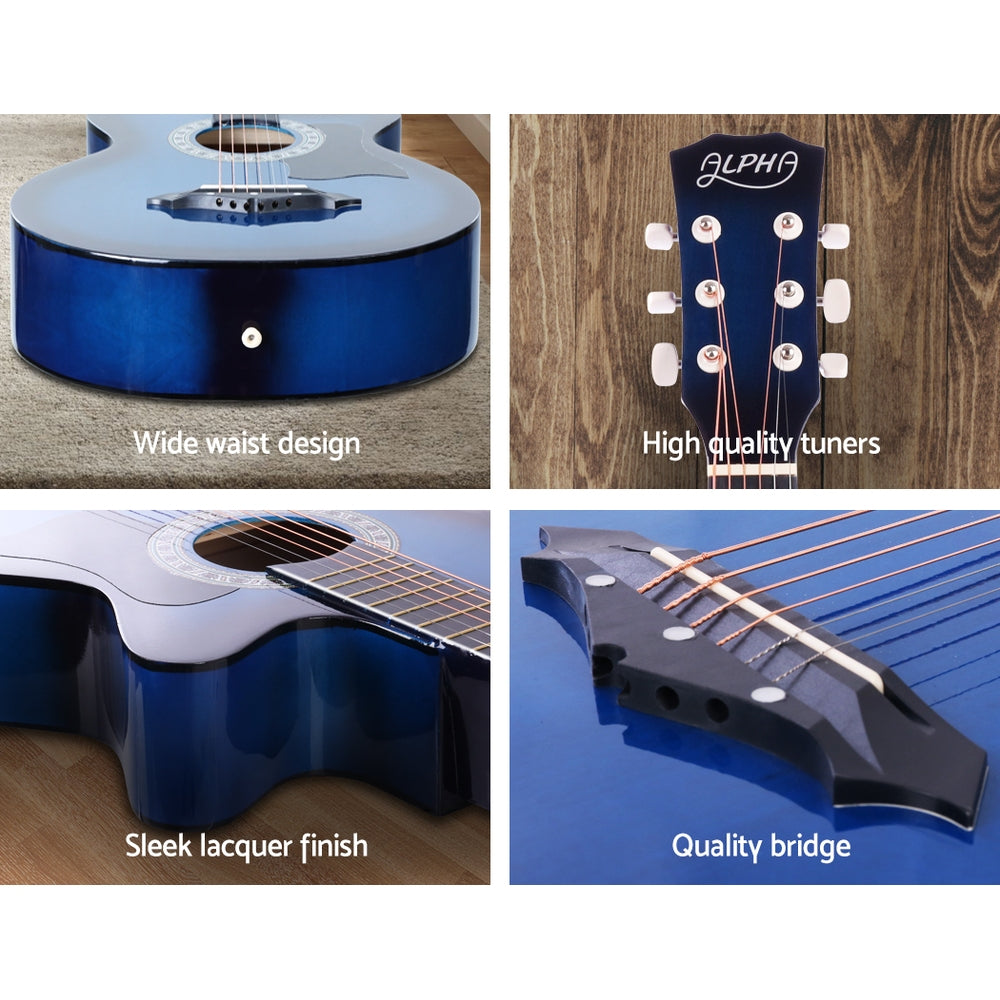 Alpha 38" Acoustic Guitar Wooden Steel String Cutaway Blue