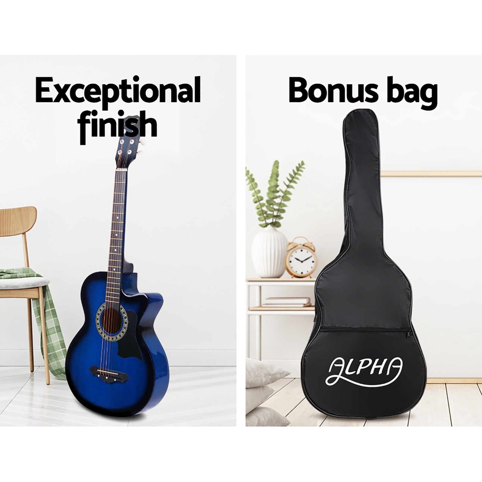 Alpha 38" Acoustic Guitar Steel String Blue w/ Stand