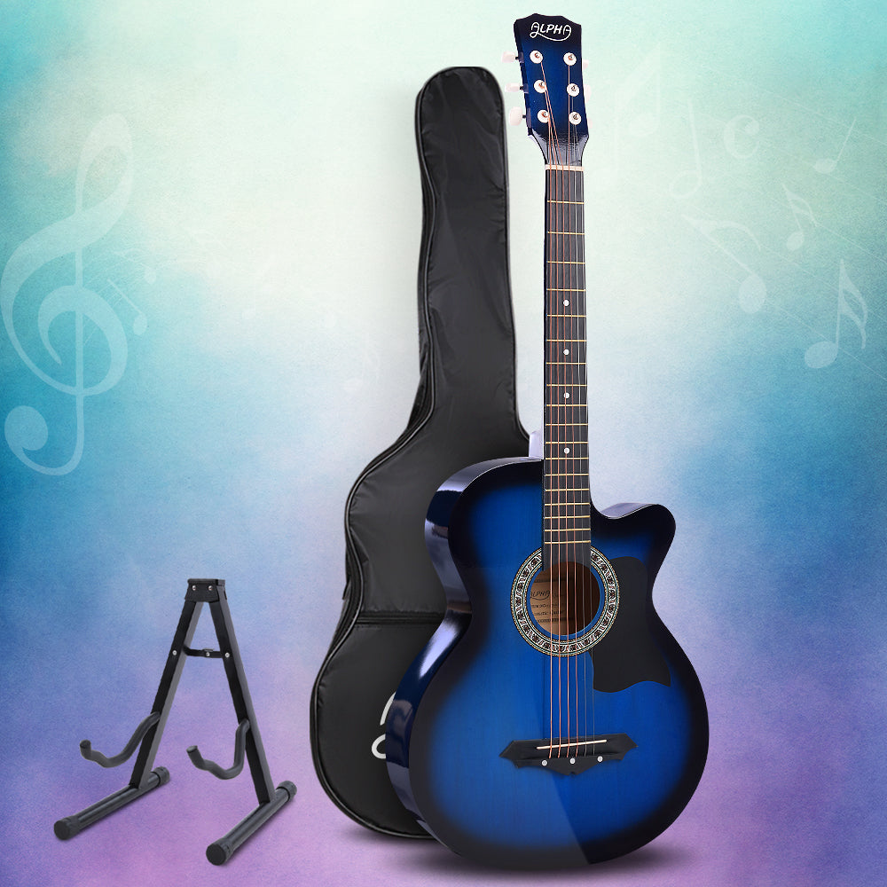 Alpha 38" Acoustic Guitar Steel String Blue w/ Stand