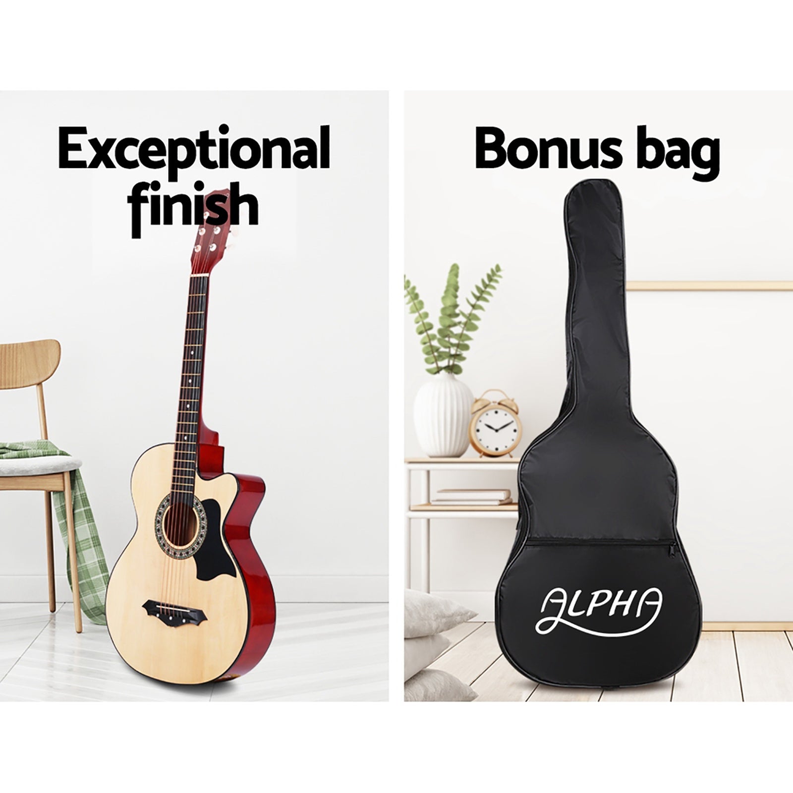 Alpha 38" Acoustic Guitar Wooden Steel String w/ Stand