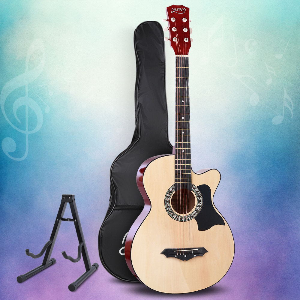 Alpha 38" Acoustic Guitar Wooden Steel String w/ Stand