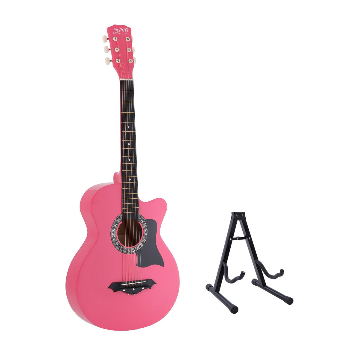Alpha 38 Inch Acoustic Guitar Wooden Body Steel String Full Size w/ Stand Pink