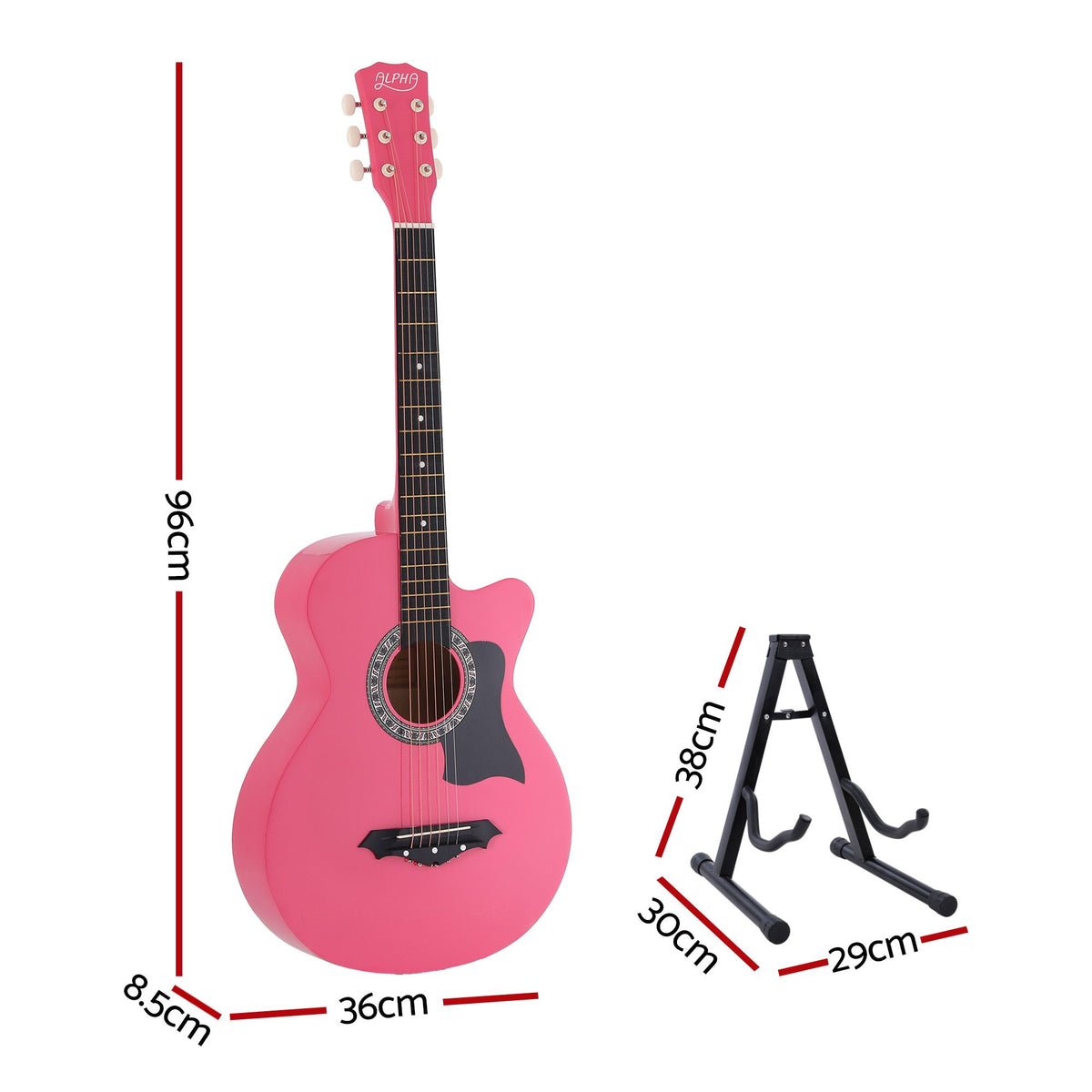 Alpha 38 Inch Acoustic Guitar Wooden Body Steel String Full Size w/ Stand Pink