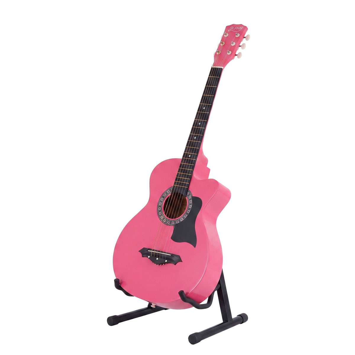 Alpha 38 Inch Acoustic Guitar Wooden Body Steel String Full Size w/ Stand Pink