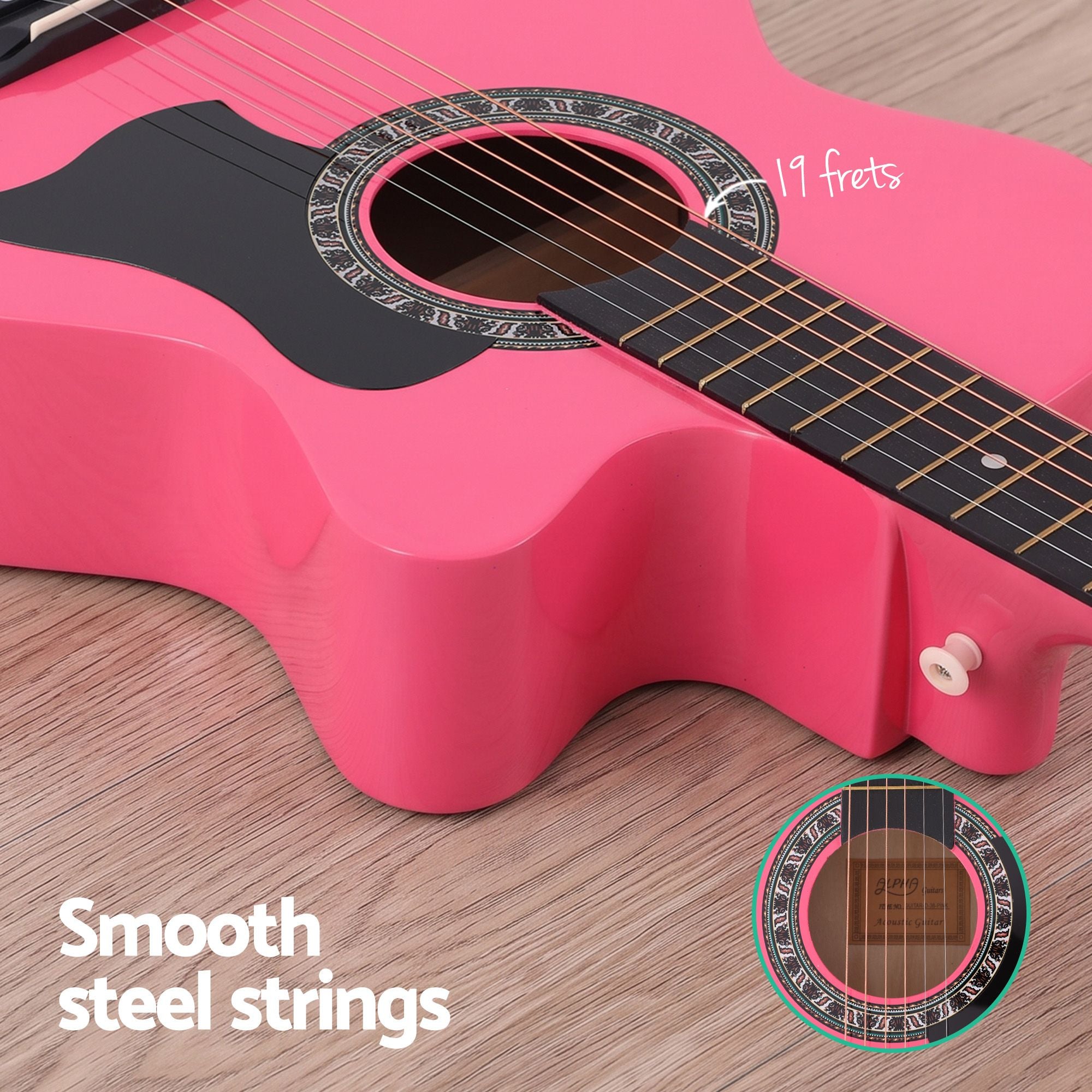 Alpha 38 Inch Acoustic Guitar Wooden Body Steel String Full Size w/ Stand Pink