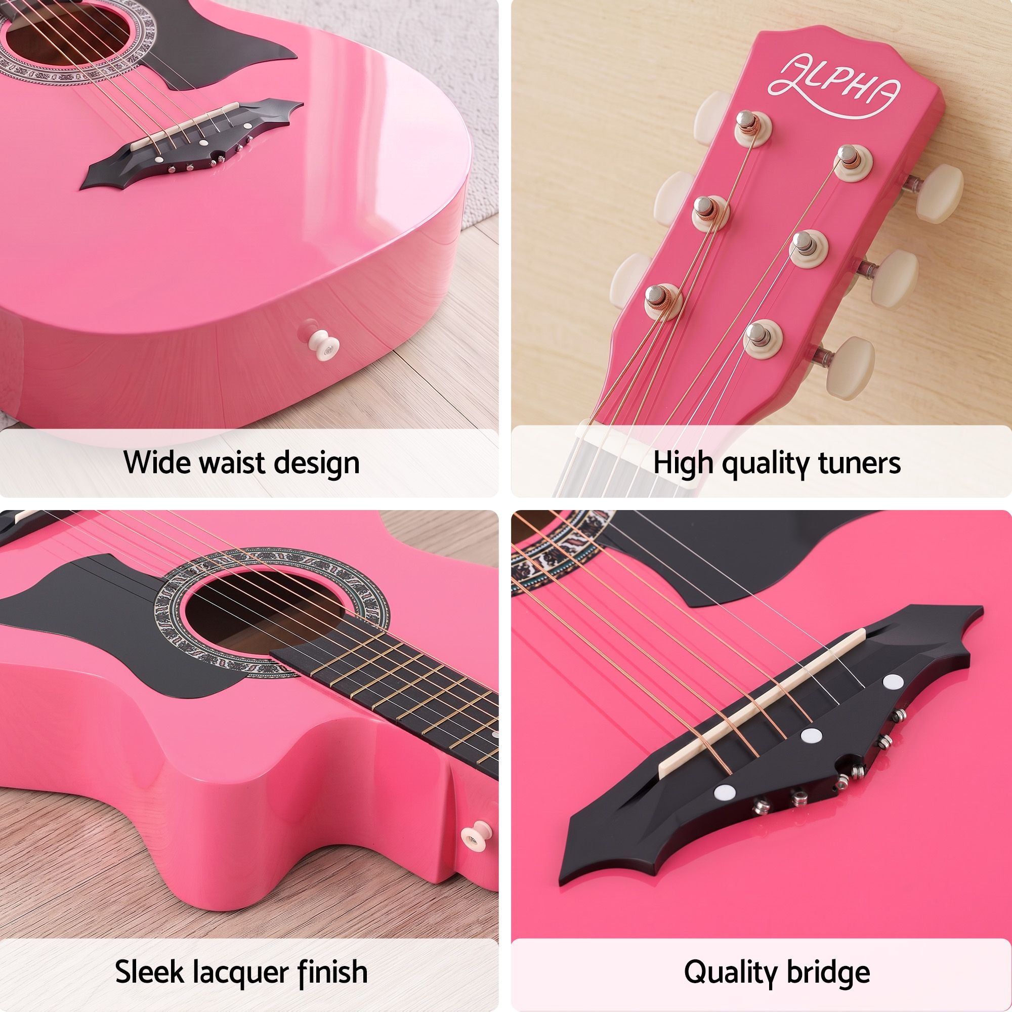 Alpha 38 Inch Acoustic Guitar Wooden Body Steel String Full Size w/ Stand Pink