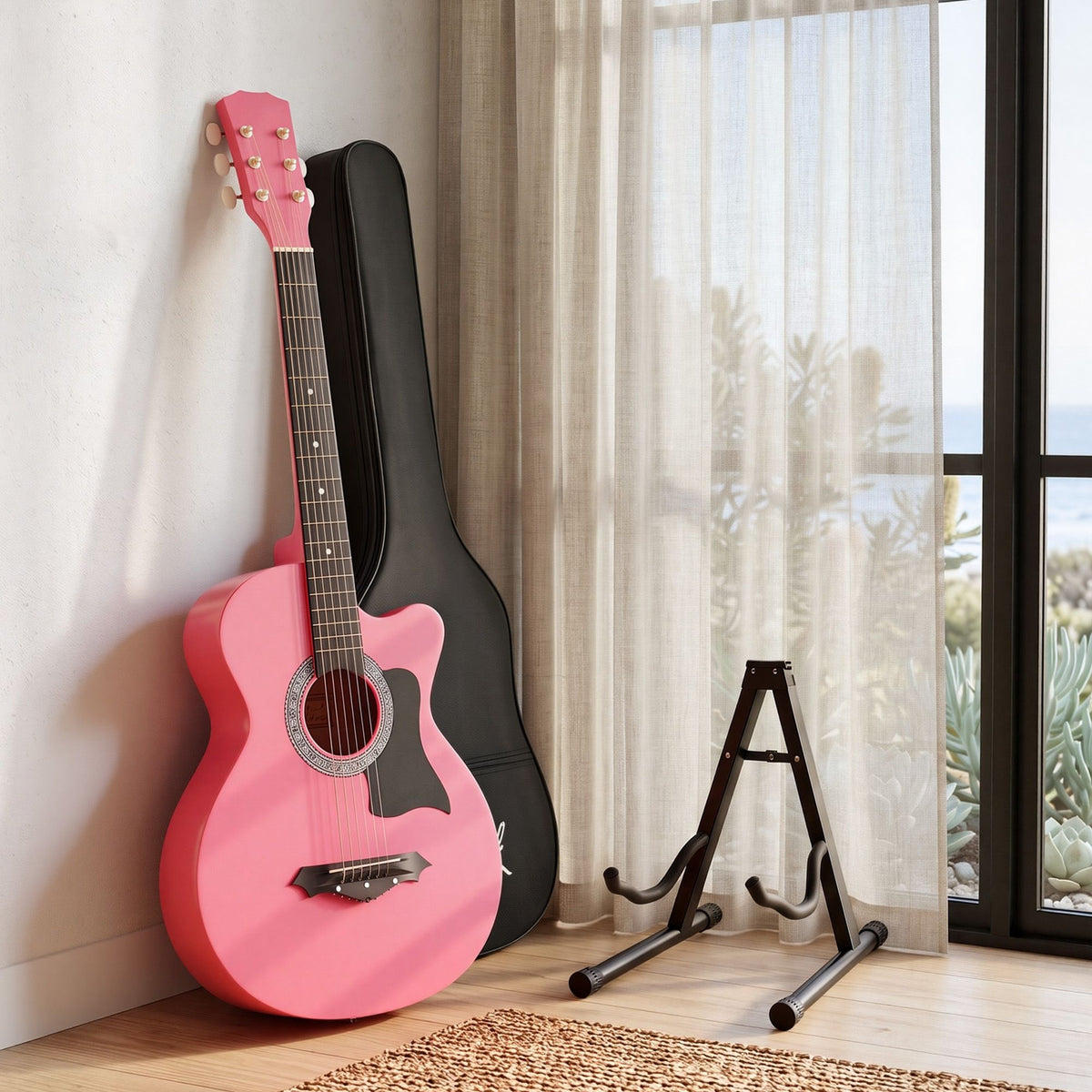 Alpha 38 Inch Acoustic Guitar Wooden Body Steel String Full Size w/ Stand Pink