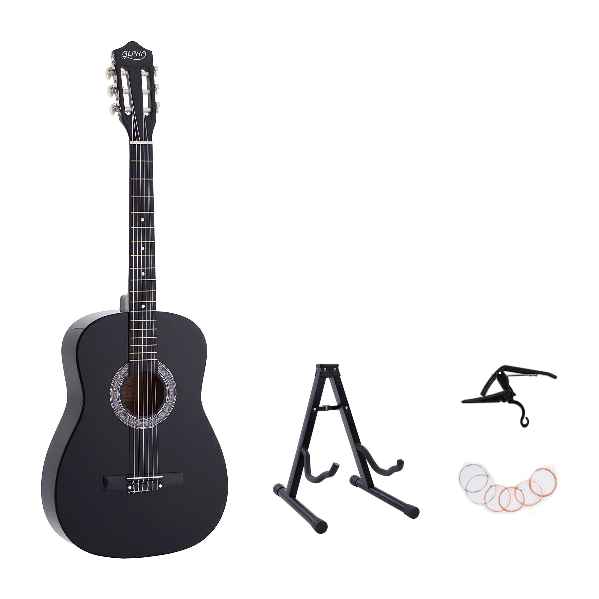 Alpha 38 Inch Classical Acoustic Guitar with Folding Stand Capo and String Set Black