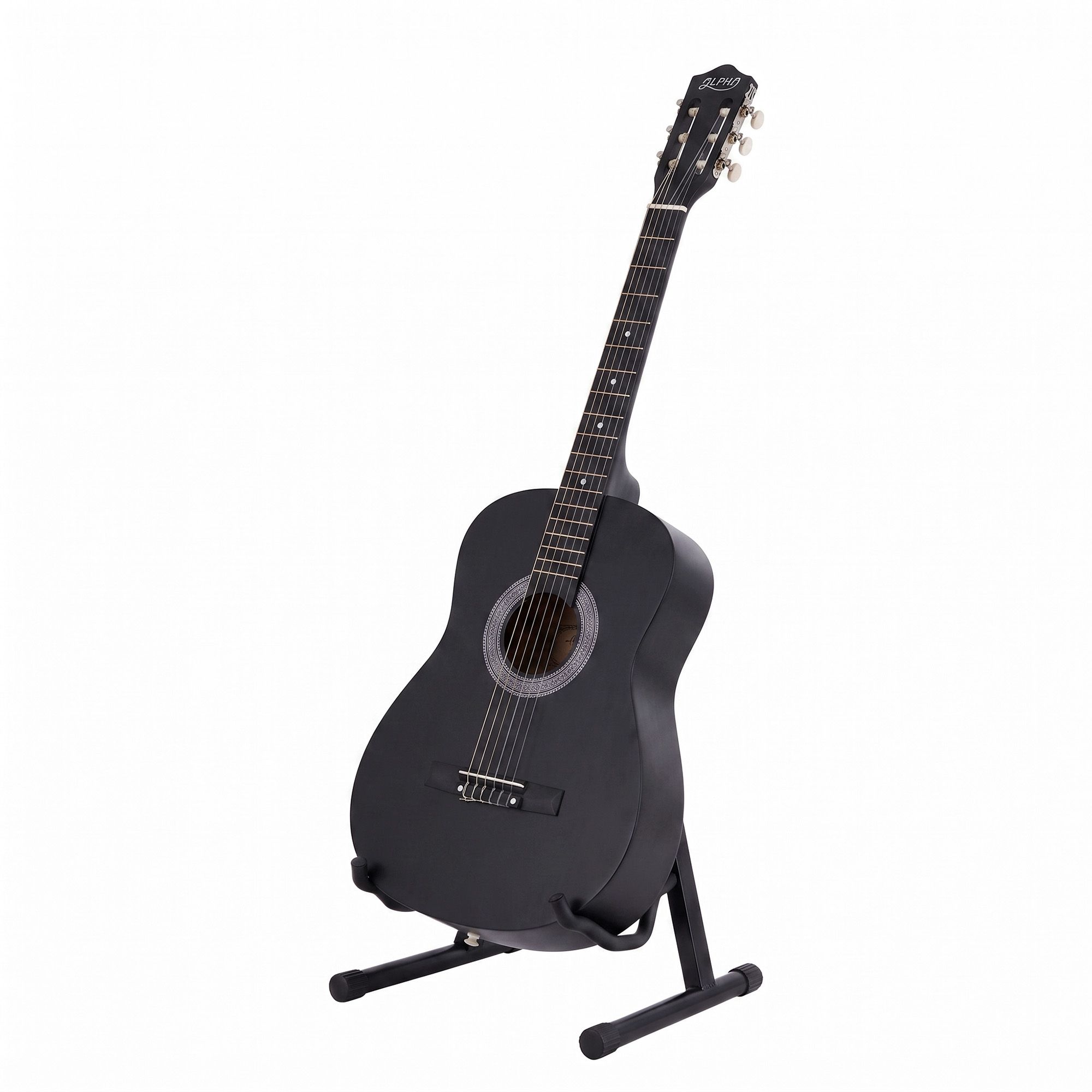 Alpha 38 Inch Classical Acoustic Guitar with Folding Stand Capo and String Set Black