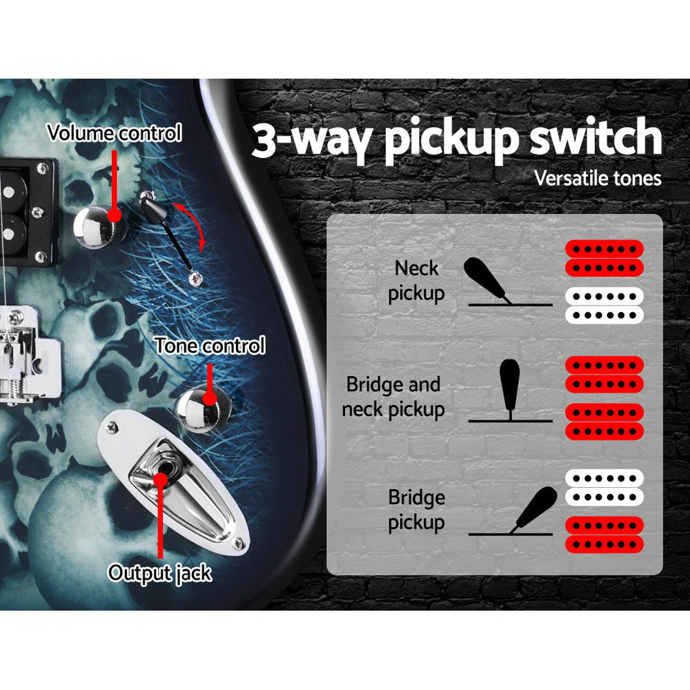 Alpha 41" Electric Guitar Skull Pattern Blue Humbucker Pickup
