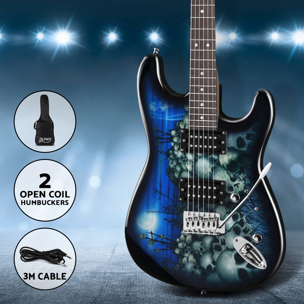 Alpha 41" Electric Guitar Skull Pattern Blue Humbucker Pickup