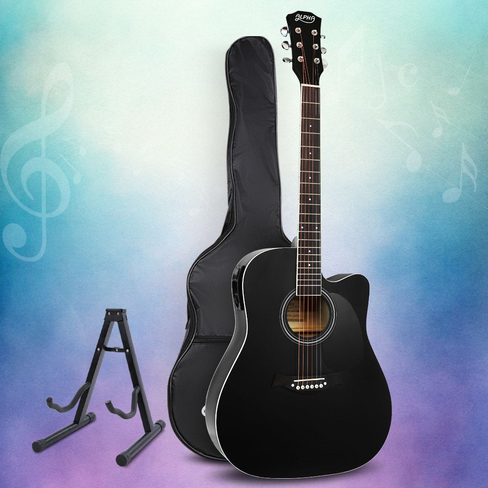 Alpha 41" Acoustic Electric Guitar Cutaway Black with Stand