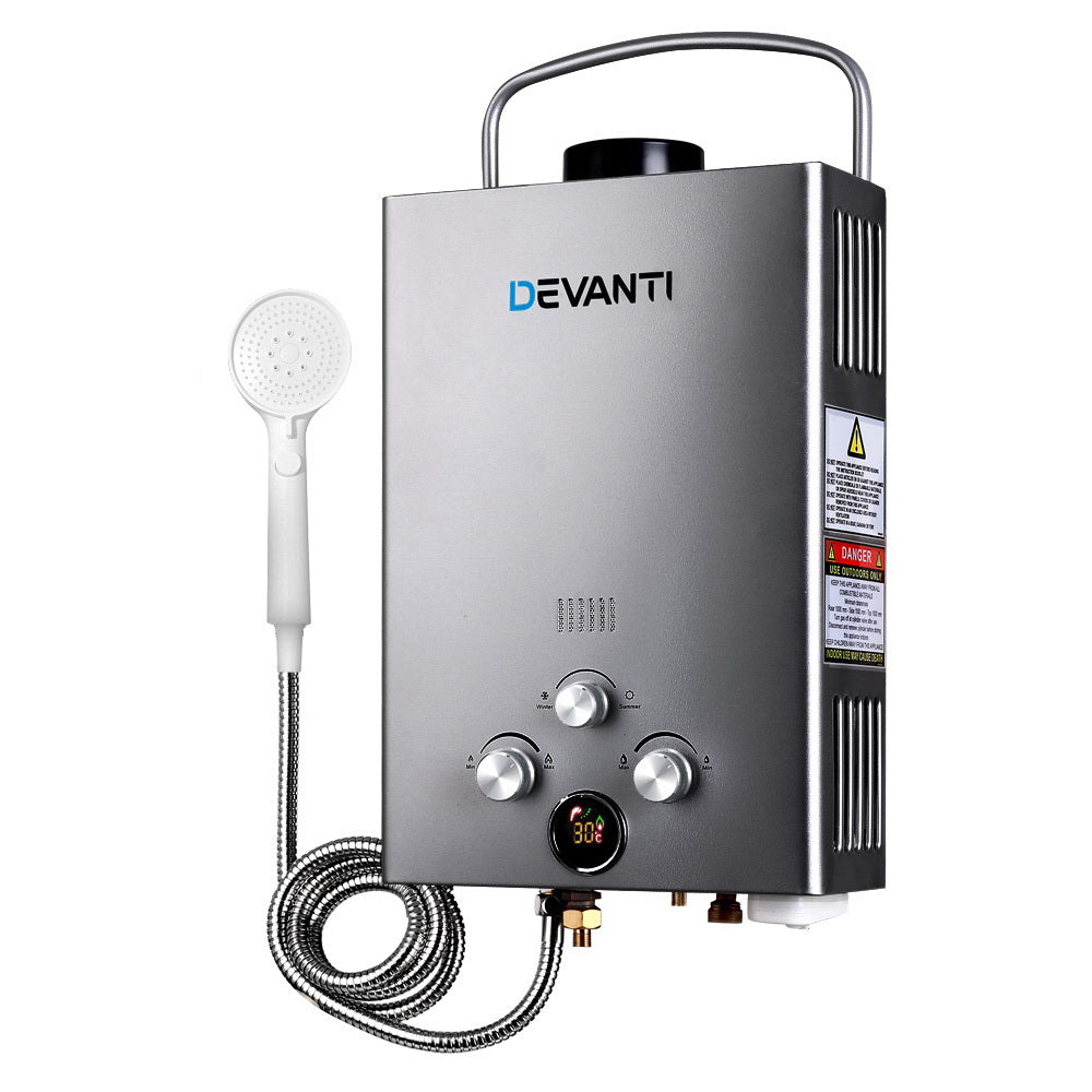 Devanti 8L Portable Gas Water Heater LPG System Grey