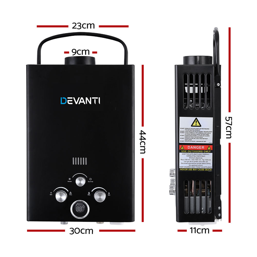 Devanti 8L Portable Gas Water Heater LPG System Black