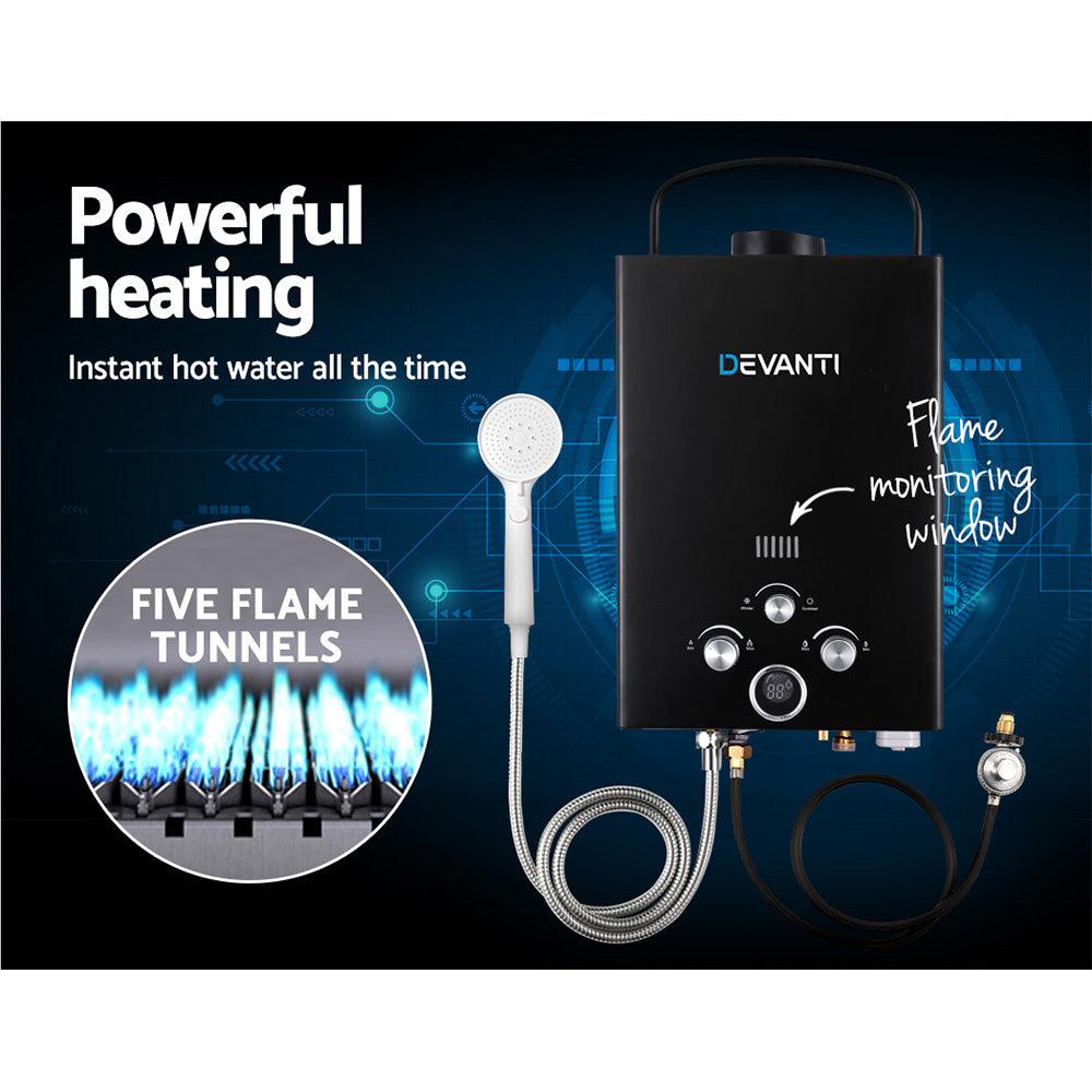 Devanti 8L Portable Gas Water Heater LPG System Black