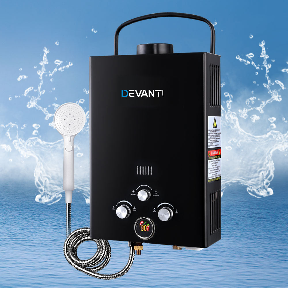 Devanti 8L Portable Gas Water Heater LPG System Black