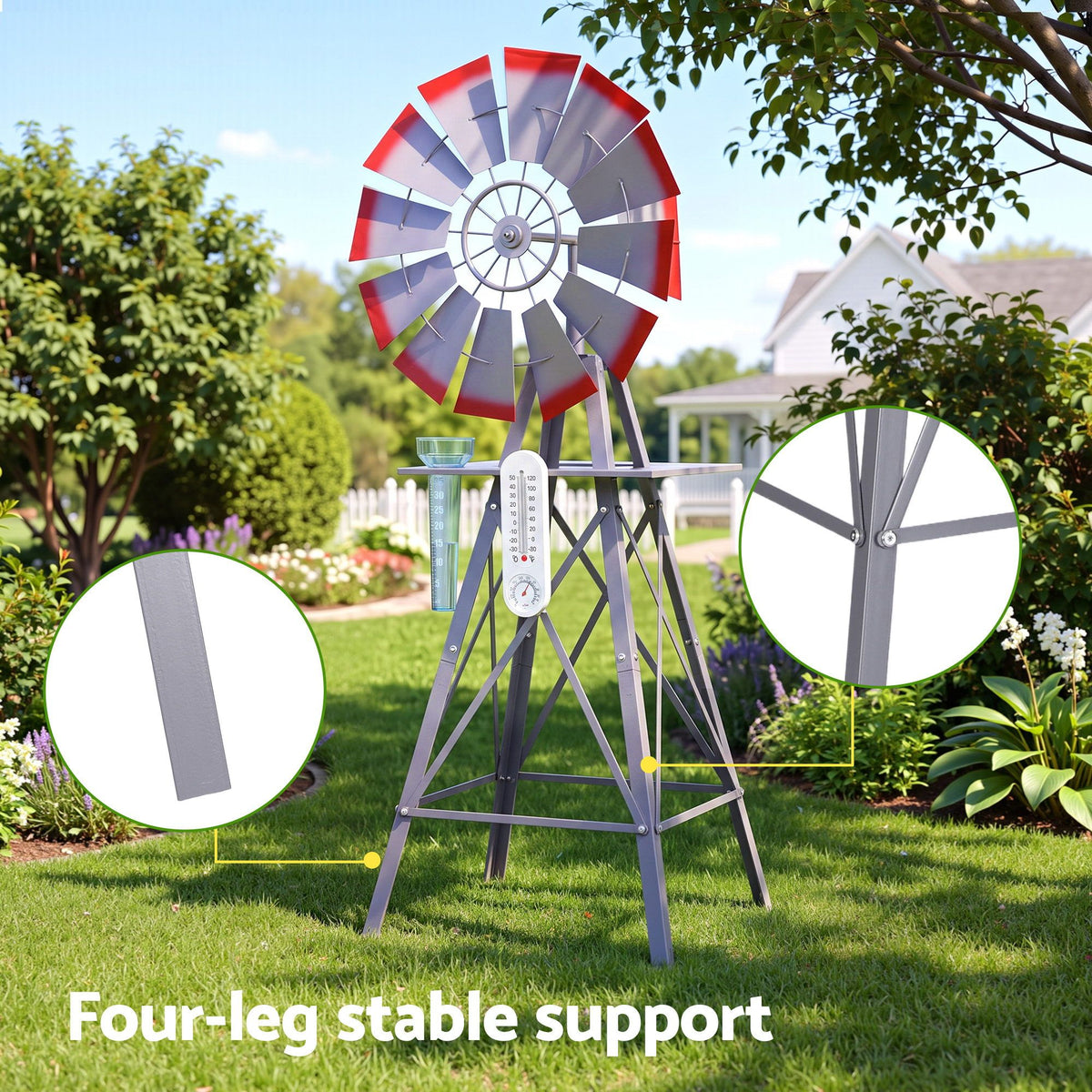 Gardeon Garden Windmill Metal Weather Station with Rain Gauge 122cm Silver