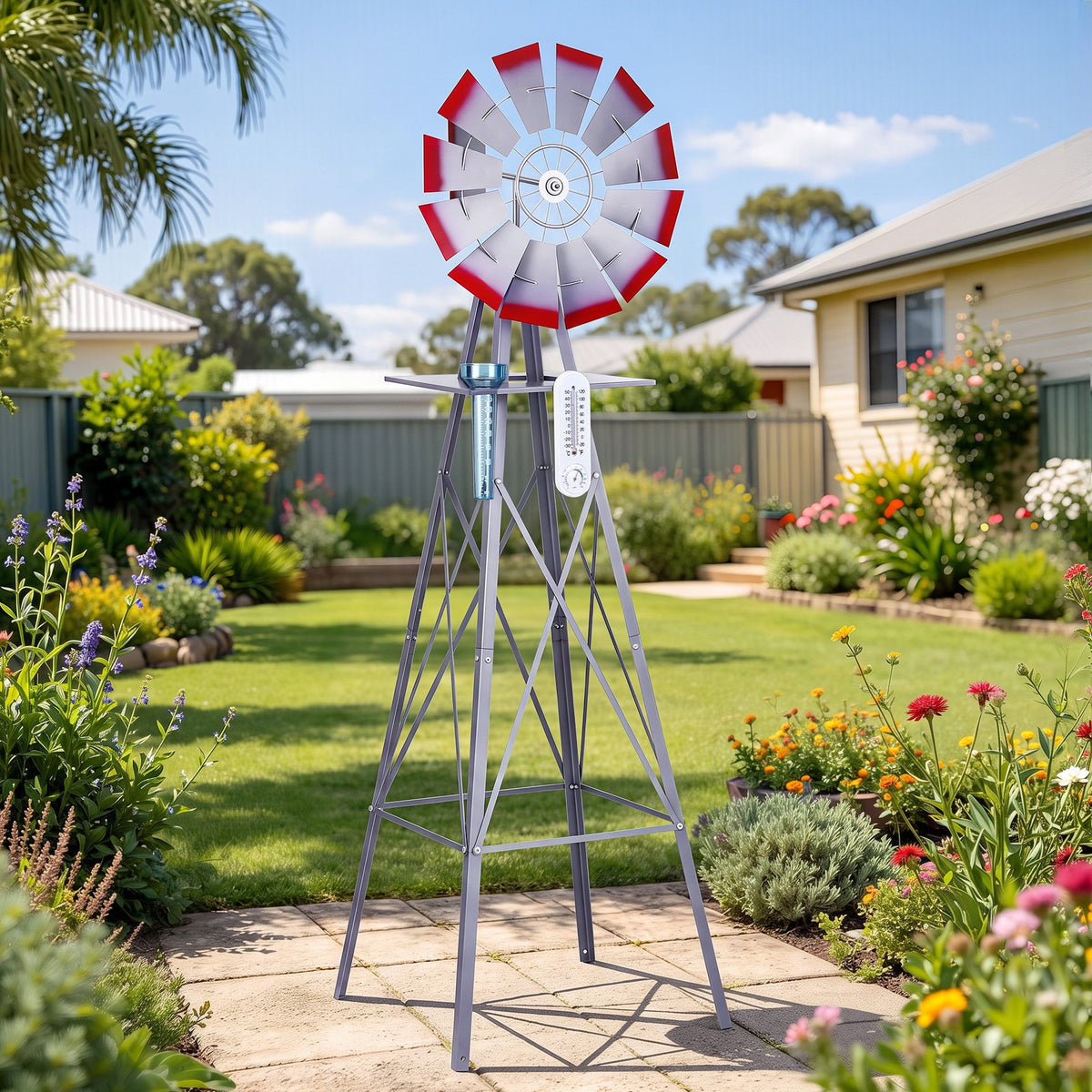 Gardeon Garden Windmill Metal Weather Station with Rain Gauge 182cm Silver