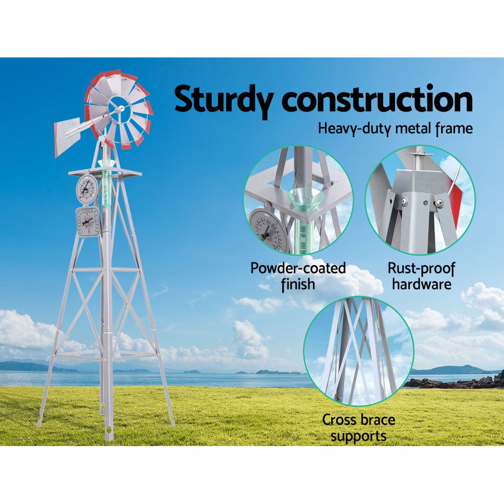 6FT Metal Garden Windmill Outdoor Decor Grey/Red