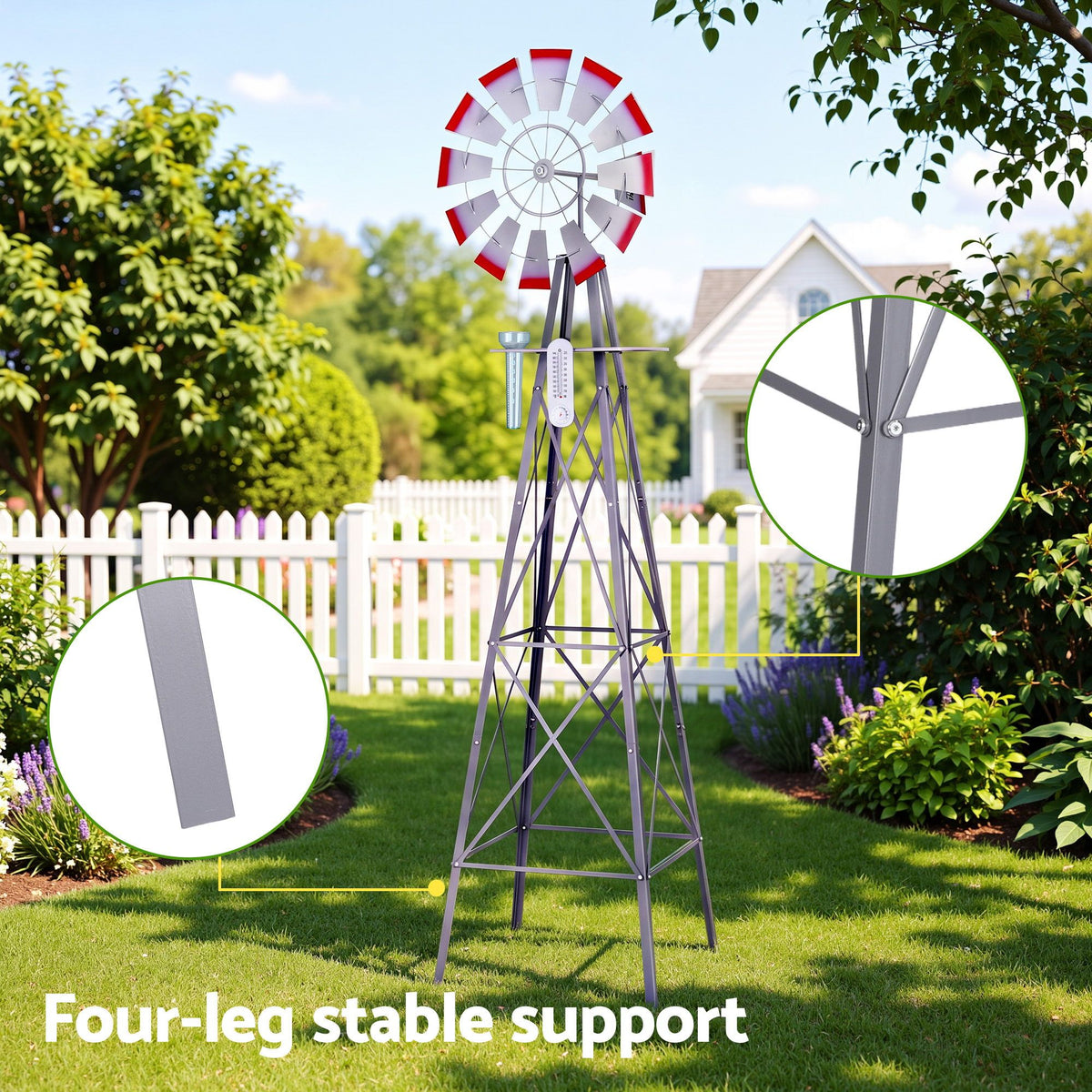 Gardeon Garden Windmill Metal Weather Station with Rain Gauge 243cm Silver